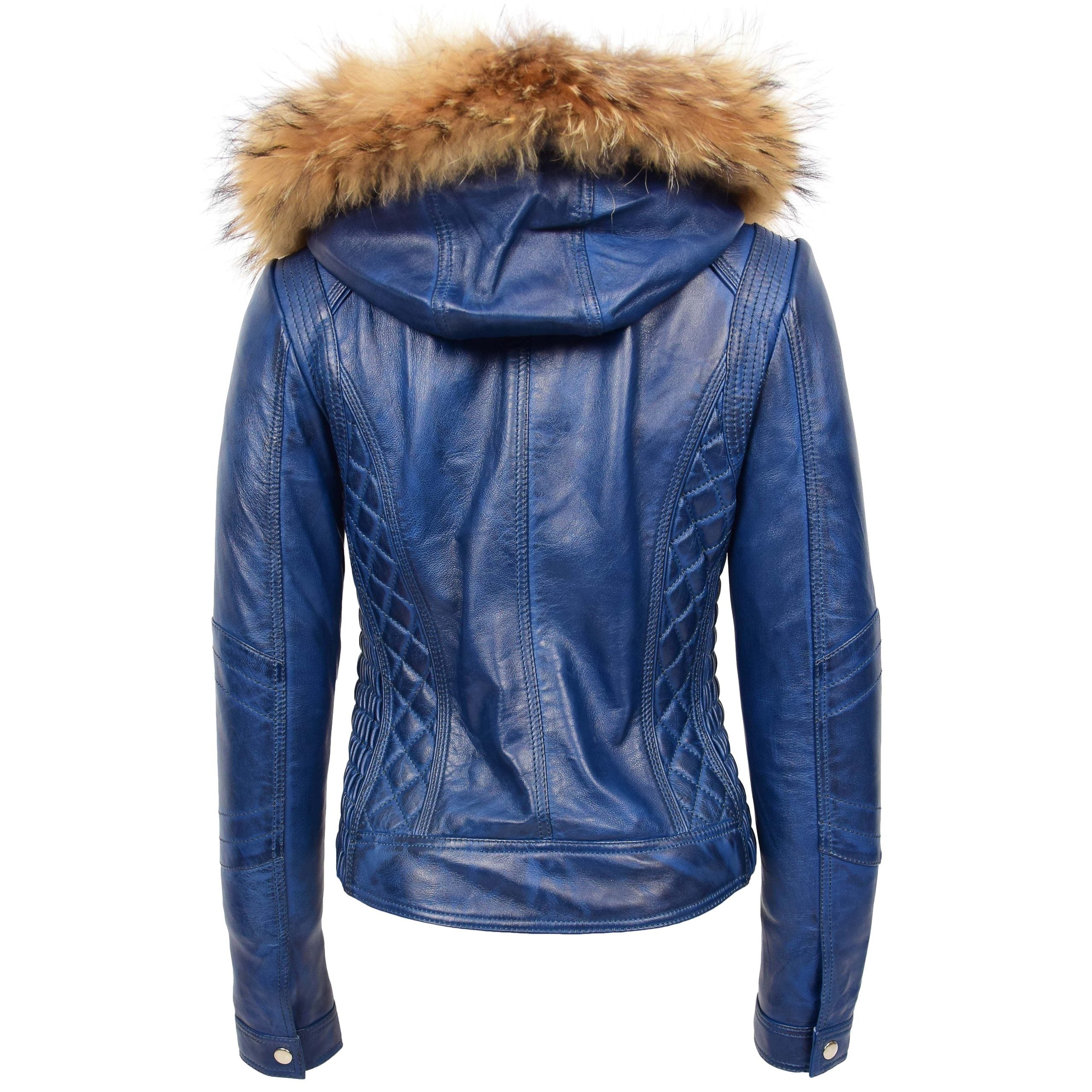 Womens Detachable Hoodie Biker Leather Jacket Lily Radiant Blue