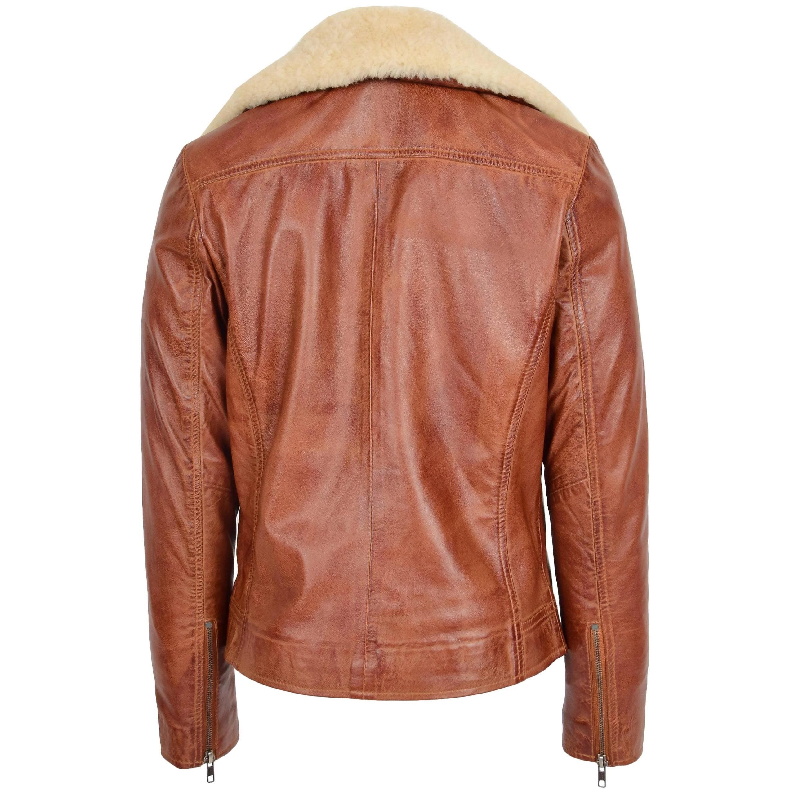 Womens Leather Biker Jacket with Detachable Collar Charmed Chestnut