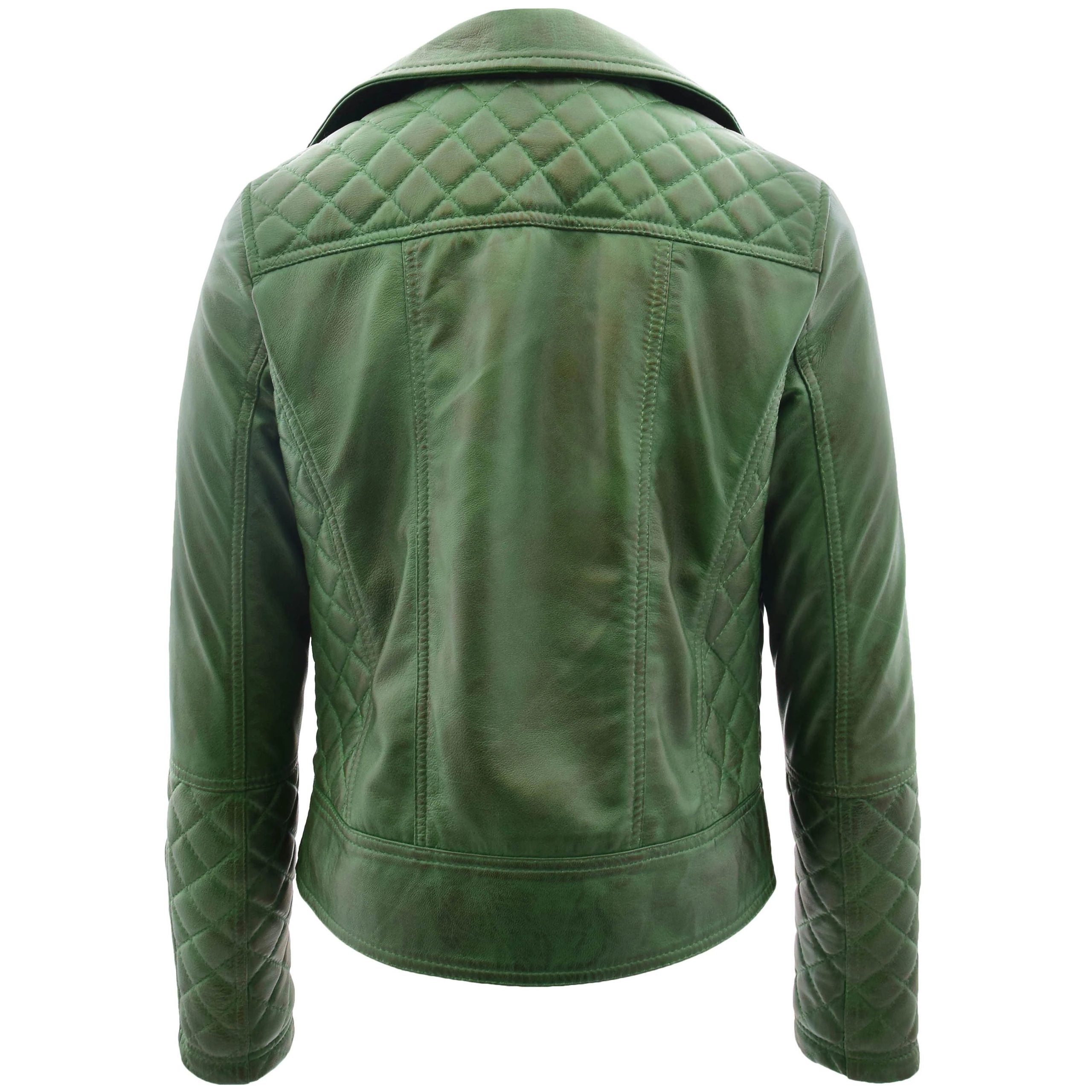 Womens Leather Biker Jacket with Quilt Detail Aurora Green