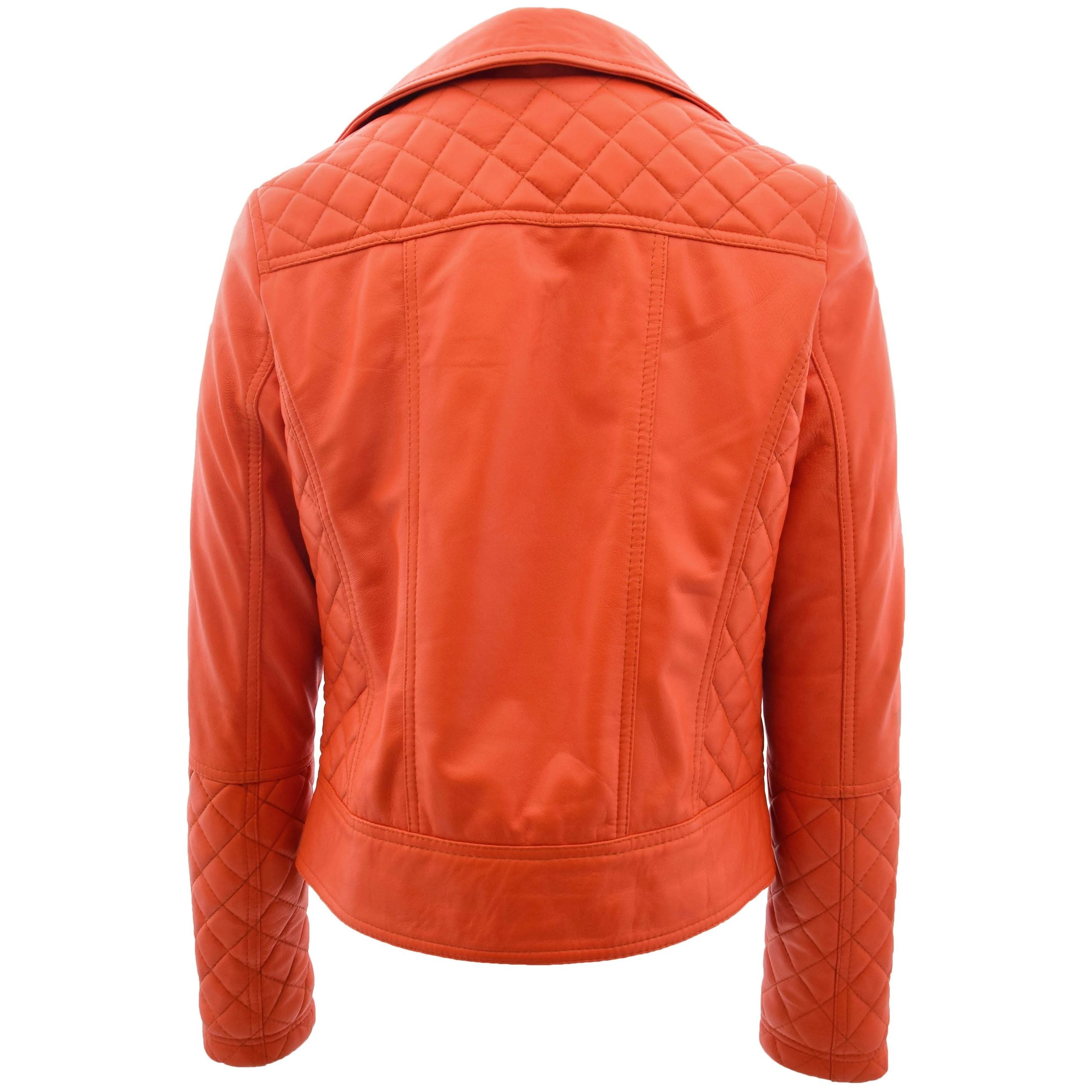 Womens Leather Biker Jacket with Quilt Detail Blissful Orange