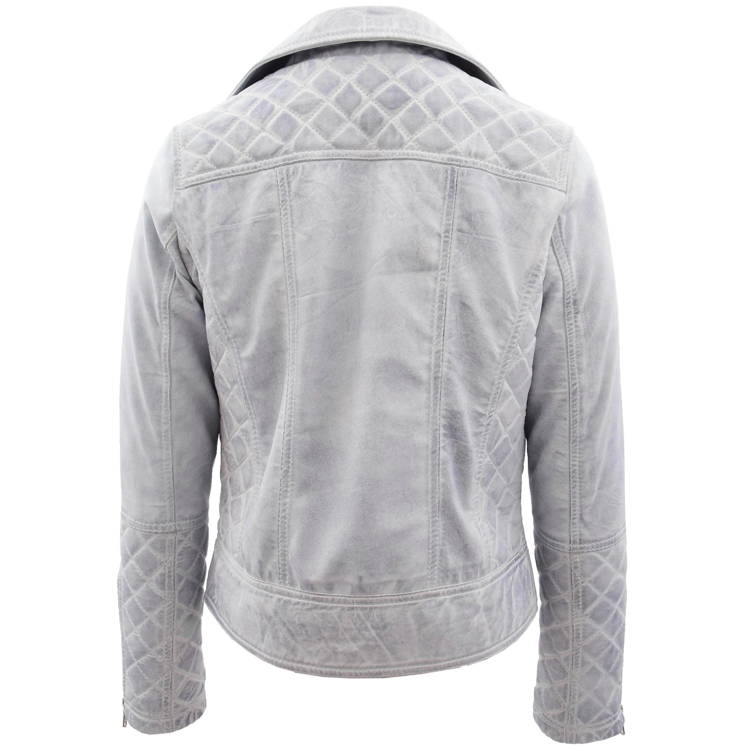 Womens Leather Biker Jacket with Quilt Detail Vintage Astral White