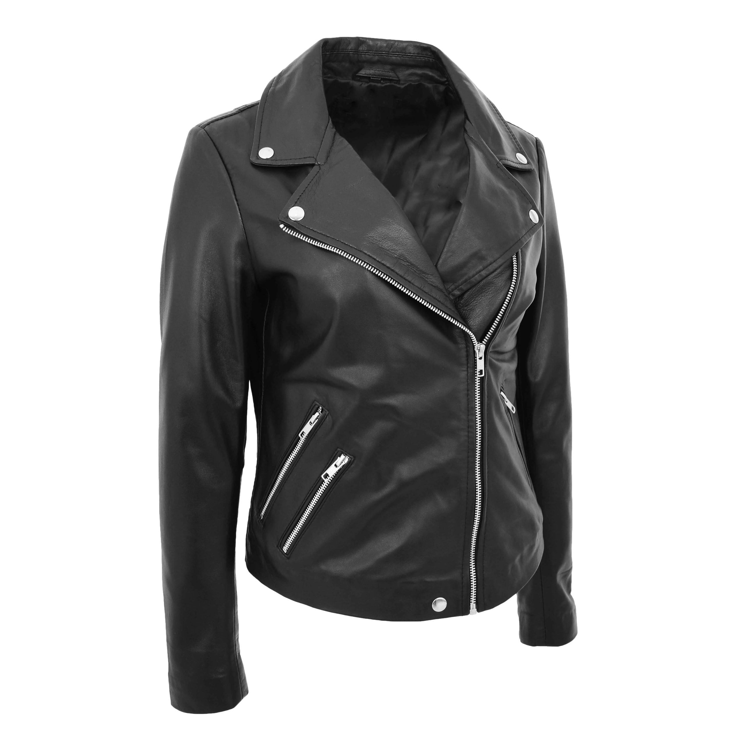 Womens Leather Biker Style Jacket Maya Cross Zip Nova Black
