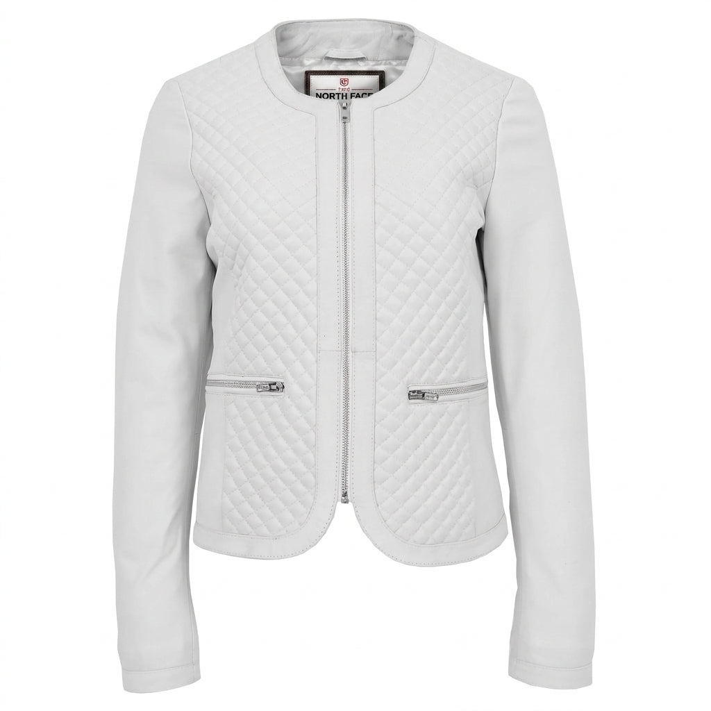 Womens Leather Collarless Jacket with Quilt Design Joan Astral White