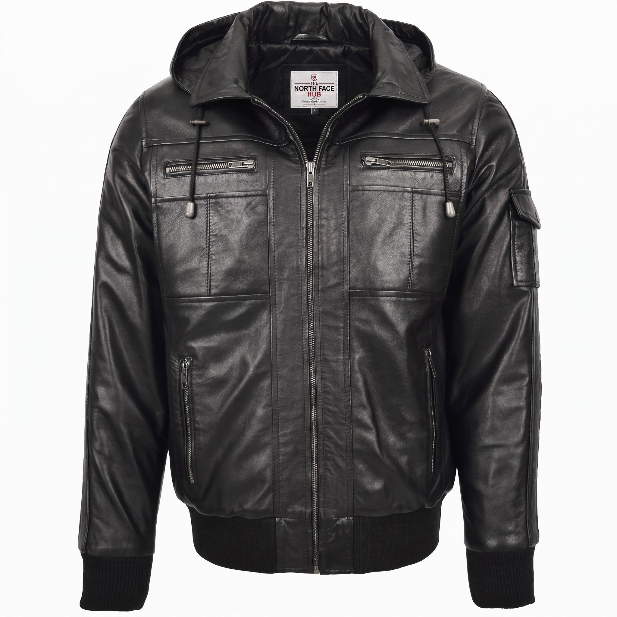 Mens Leather Bomber Jacket with Hoodie Bronx Nova Black