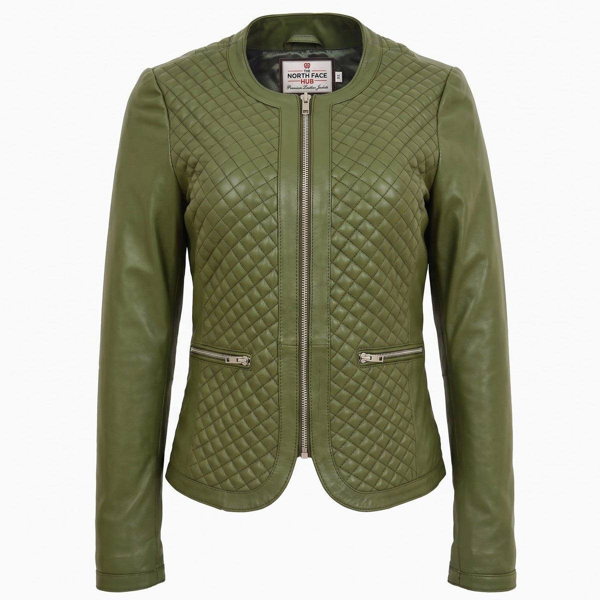 Womens Leather Collarless Jacket with Quilt Design Joan Aurora Olive Green