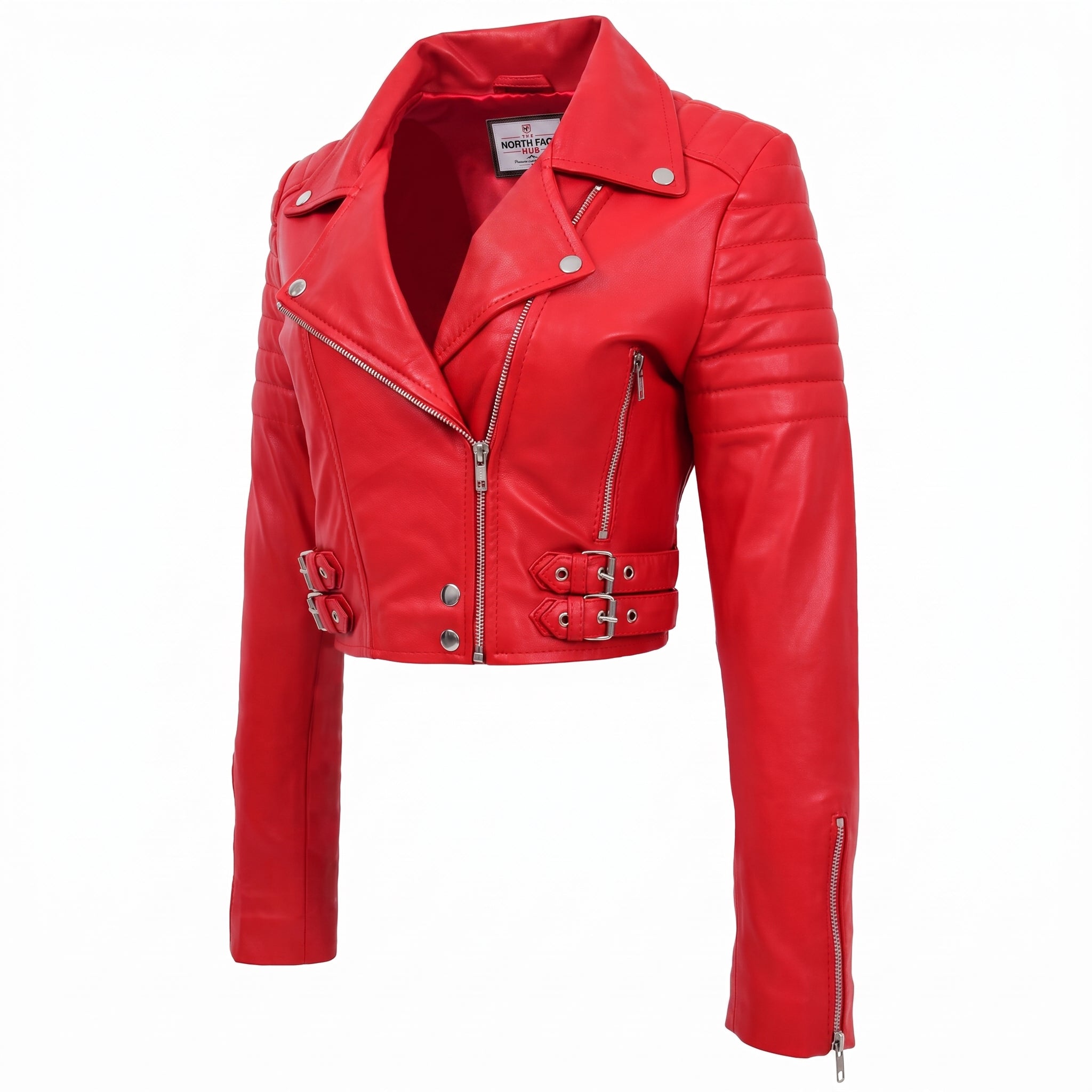 Womens Leather Cropped Biker Style Jacket Demi Ignite Red