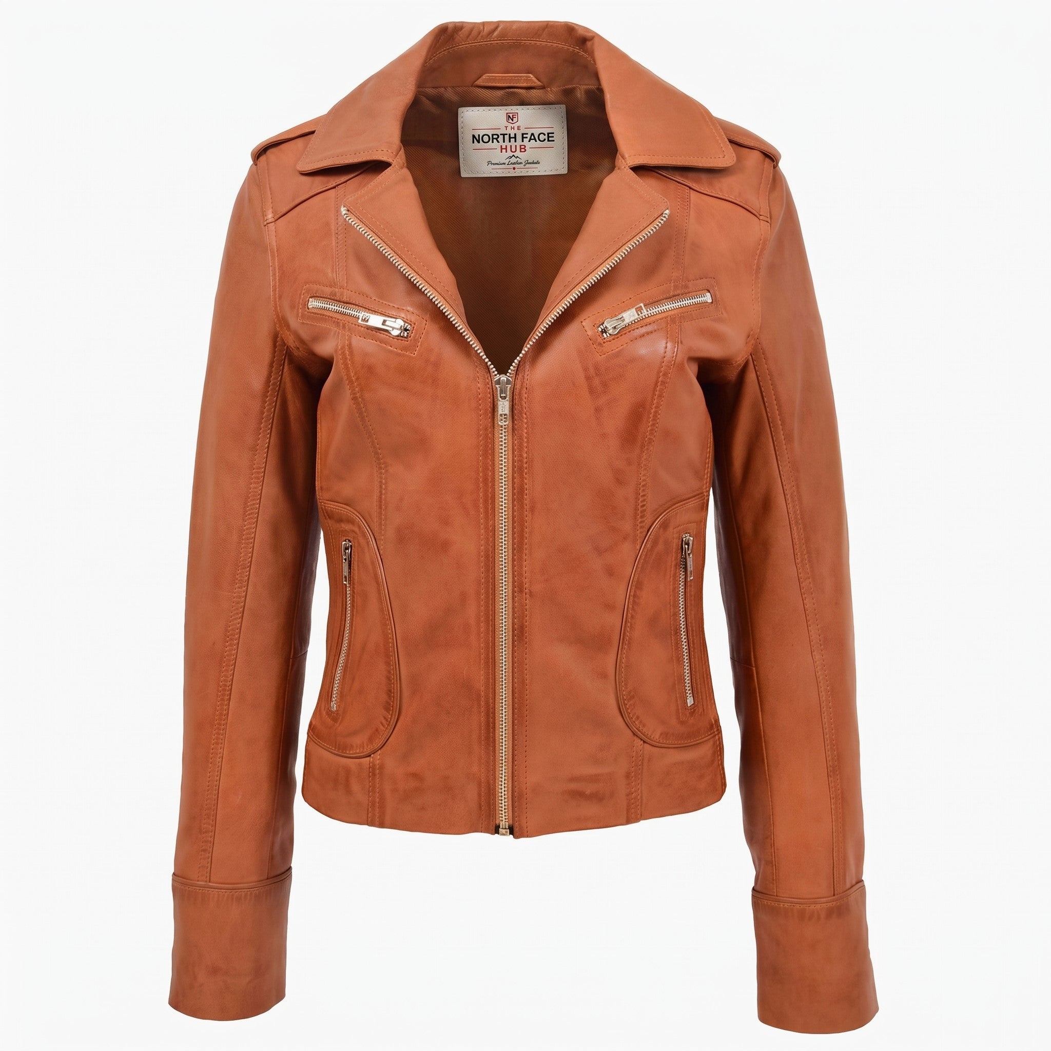 Womens Leather Fitted Biker Style Jacket Kim Dynamo Tan