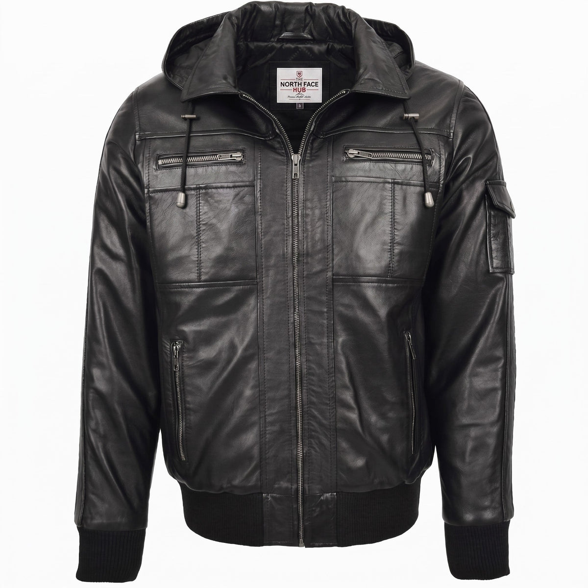 Mens Leather Bomber Jacket with Hoodie Bronx Nova Black
