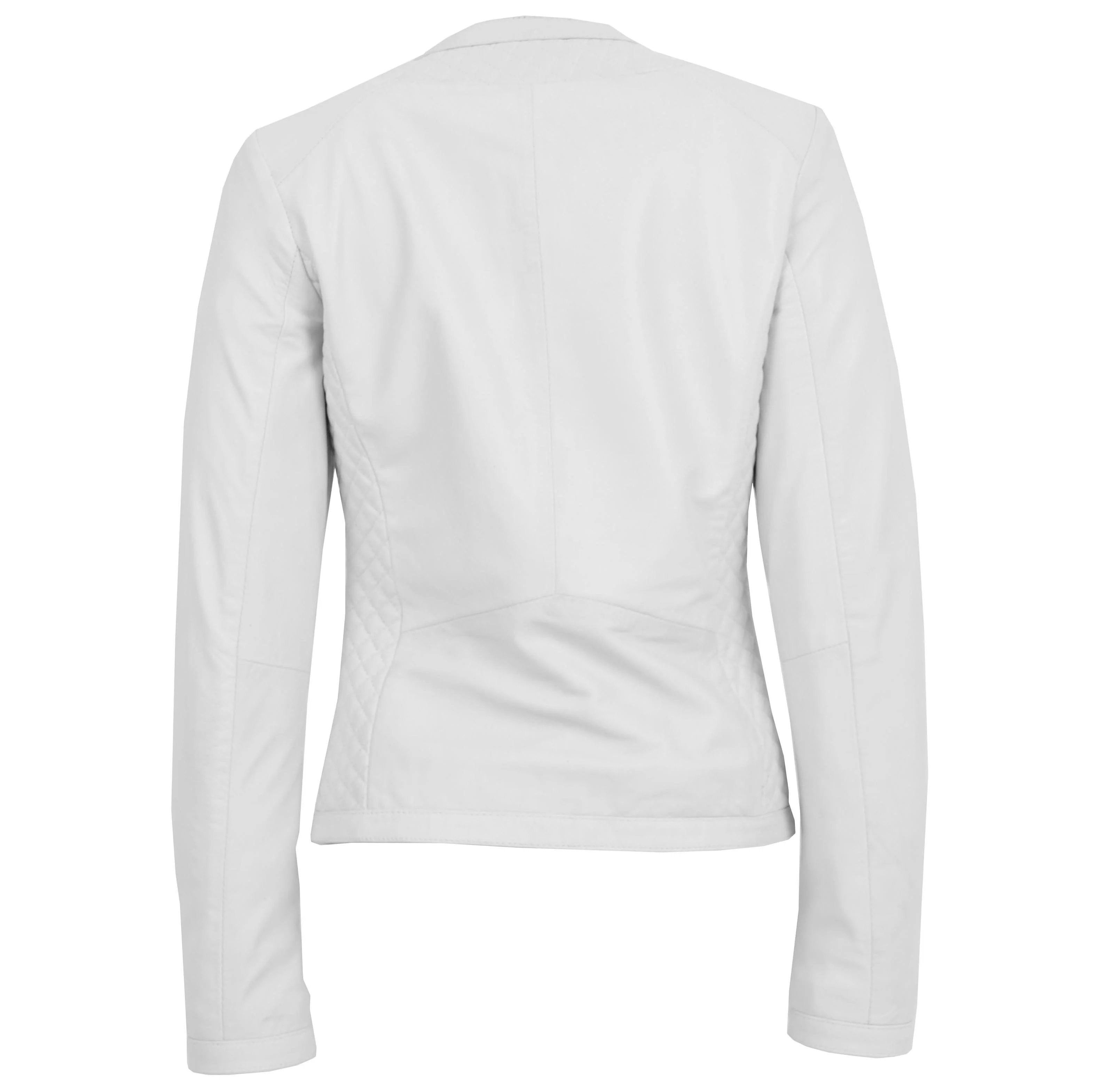 Womens Leather Collarless Jacket with Quilt Design Joan Astral White