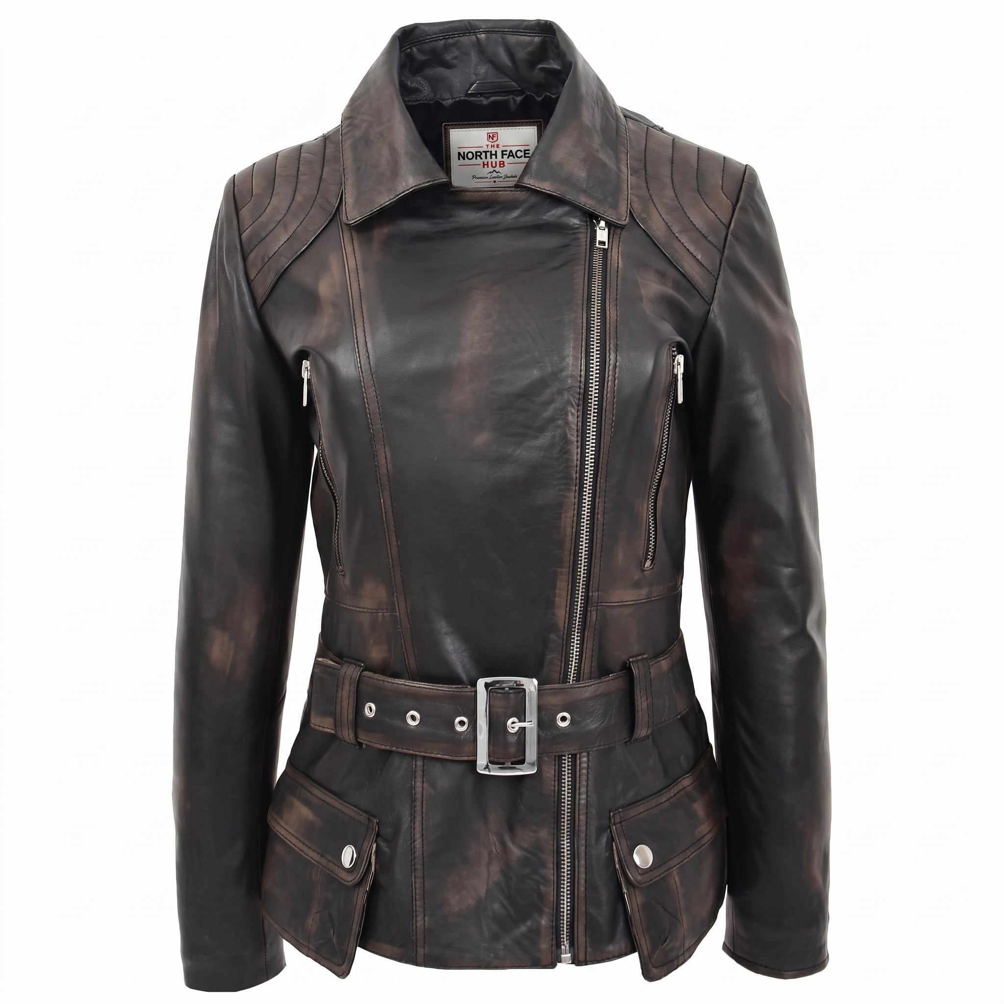 Womens Leather Hip Length Biker Jacket Celia Nova Black
