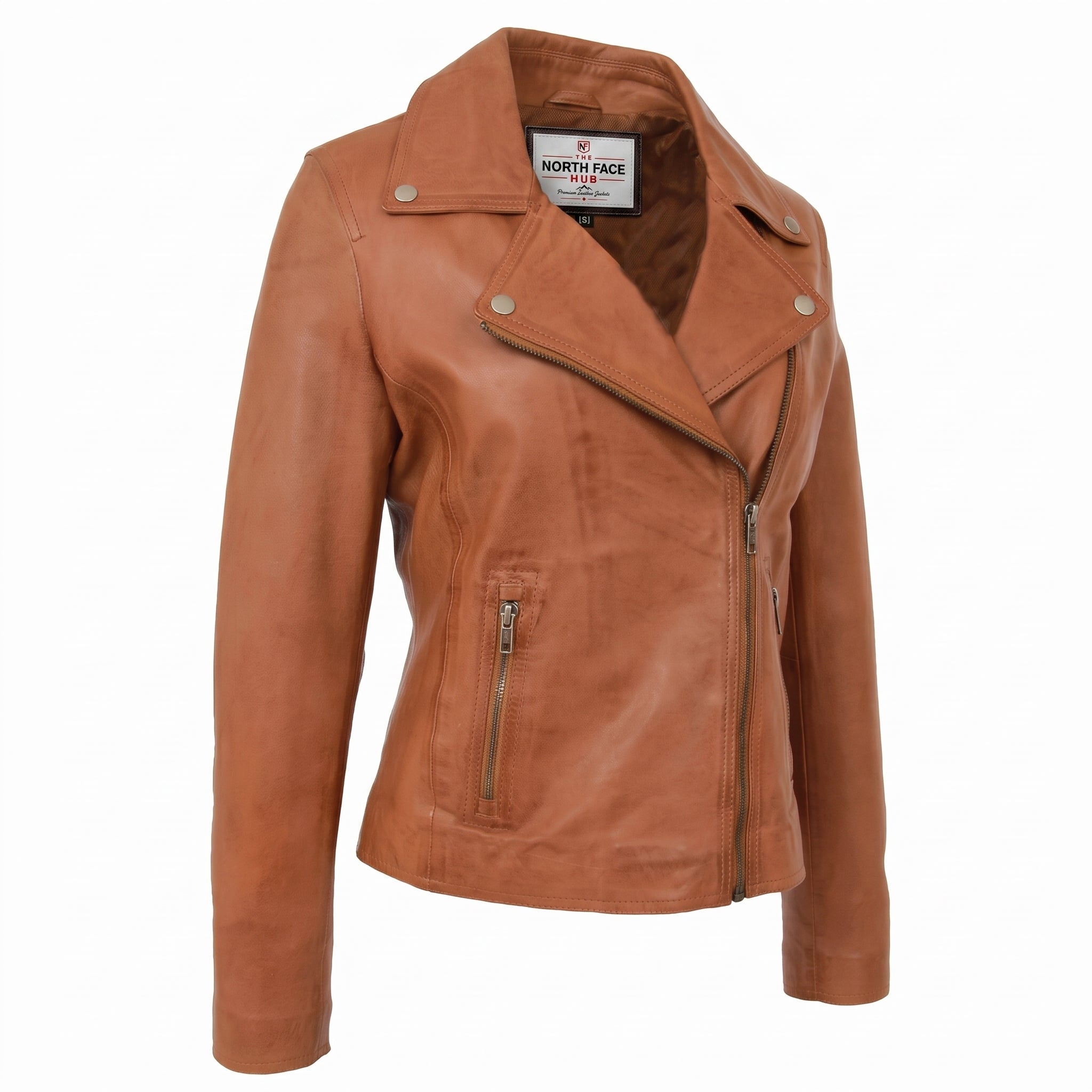 Womens Soft Leather Cross Zip Biker Jacket Lola Dynamo Tan