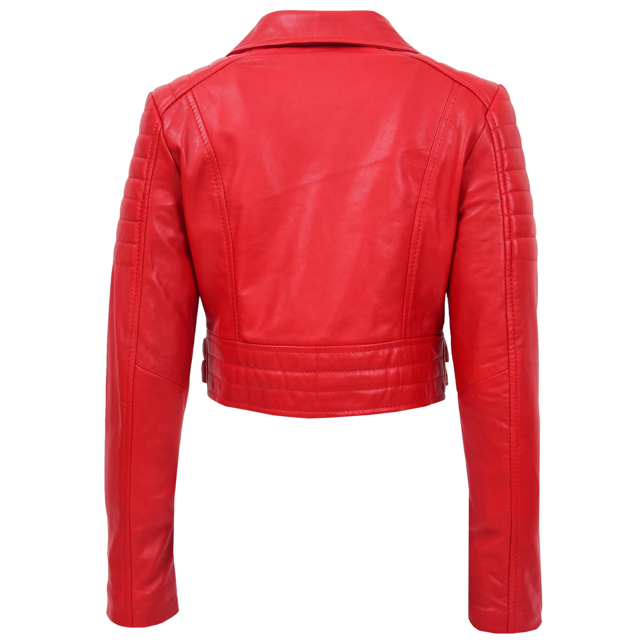Womens Leather Cropped Biker Style Jacket Demi Ignite Red