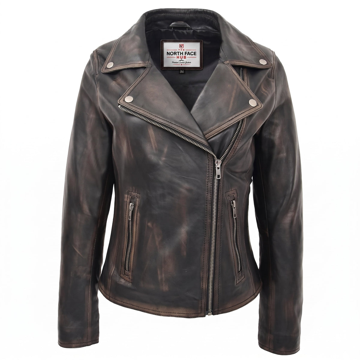 Womens Soft Leather Cross Zip Biker Jacket Lola Vintage Nova Black