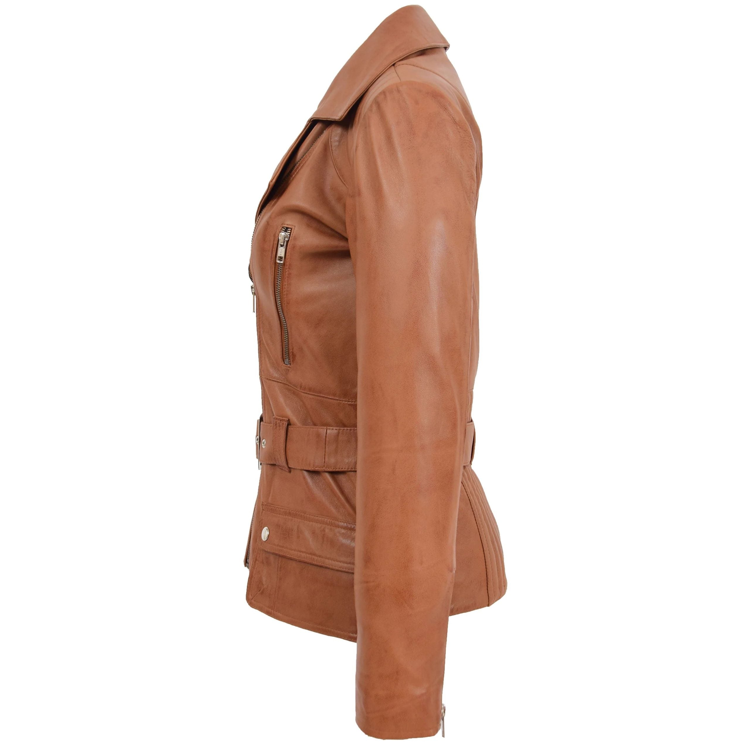 Womens Leather Hip Length Biker Jacket Celia Dynamo Tan