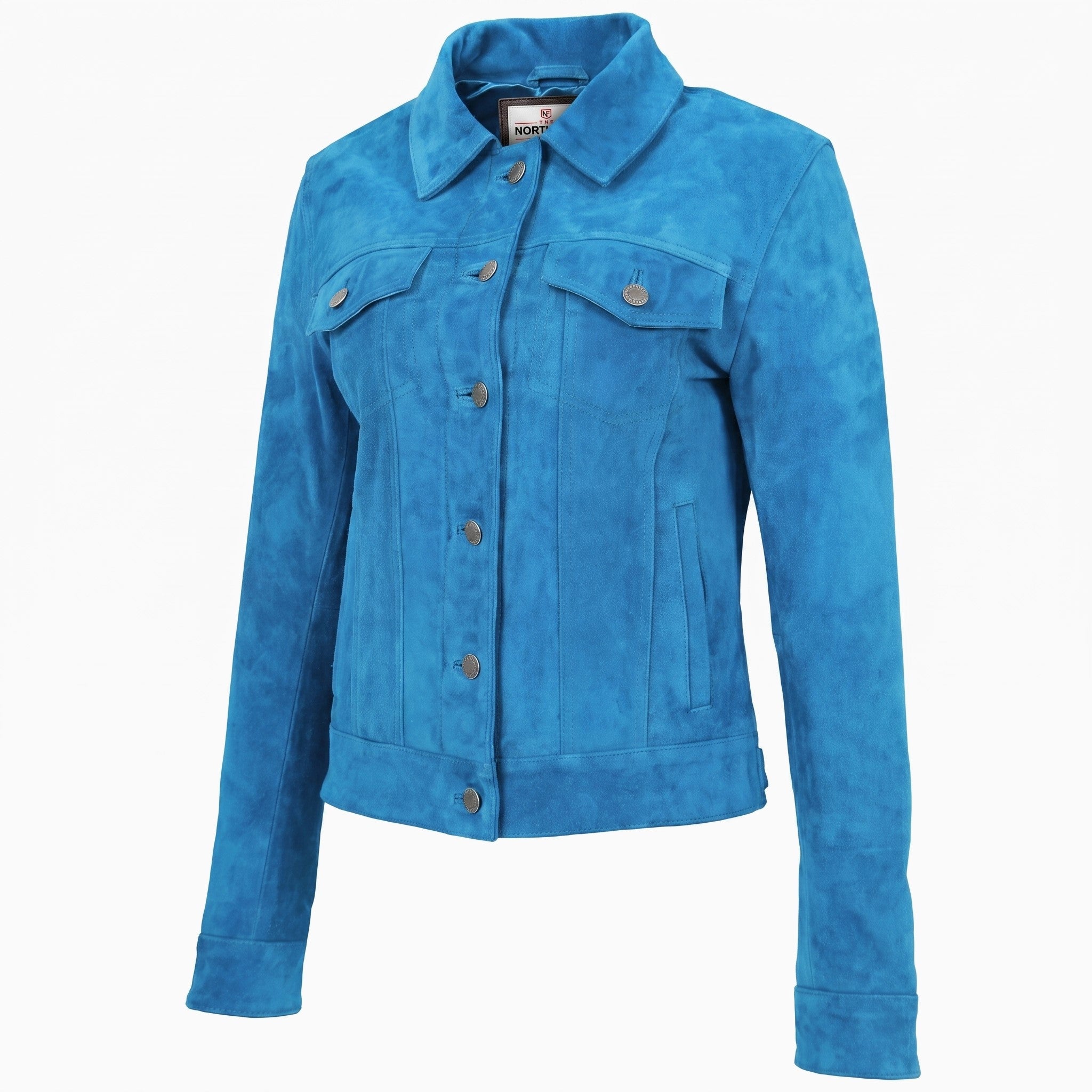 Womens Soft Suede Trucker Style Jacket Alma Teal Radiant Blue