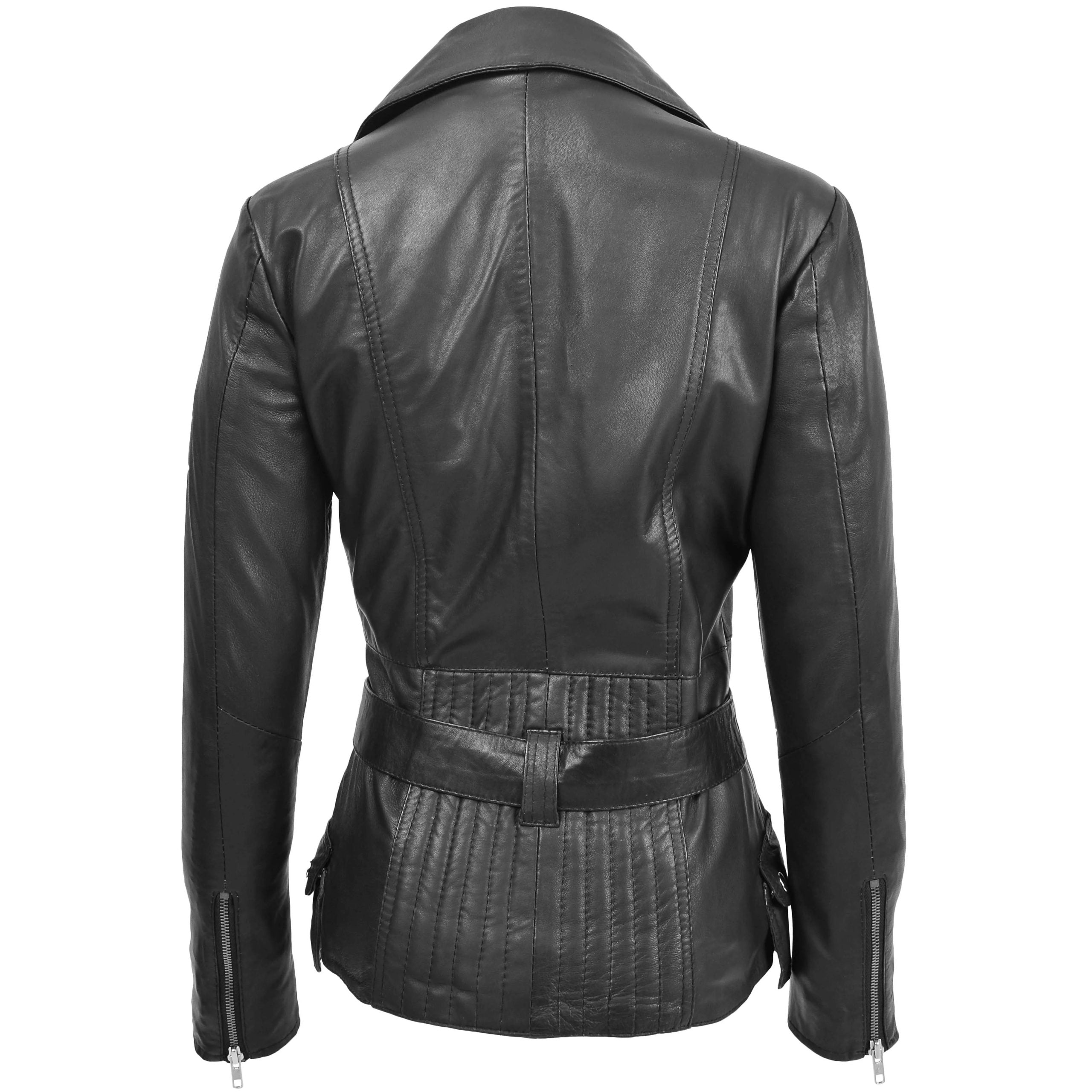 Womens Leather Hip Length Biker Jacket Celia Nova Black