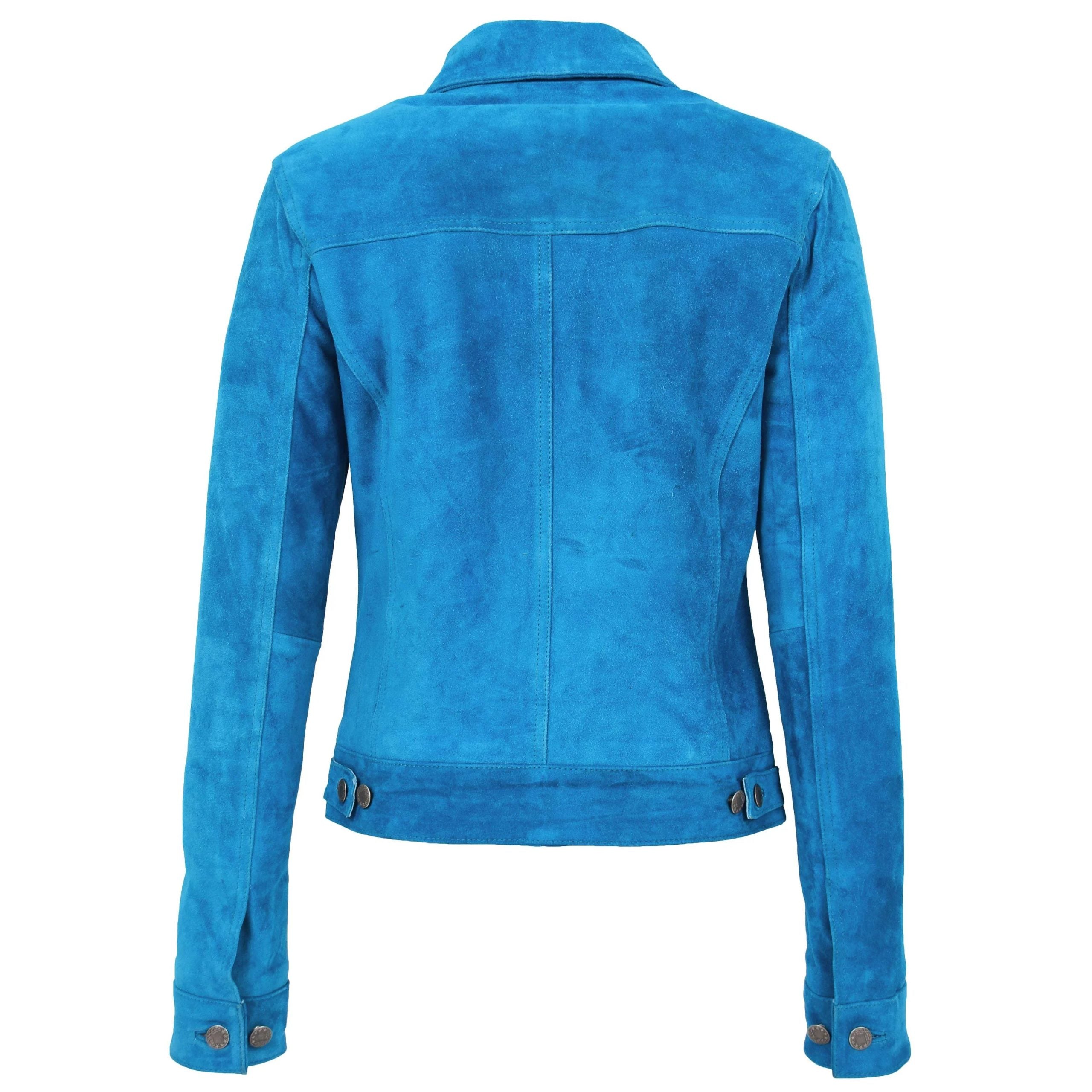 Womens Soft Suede Trucker Style Jacket Alma Teal Radiant Blue