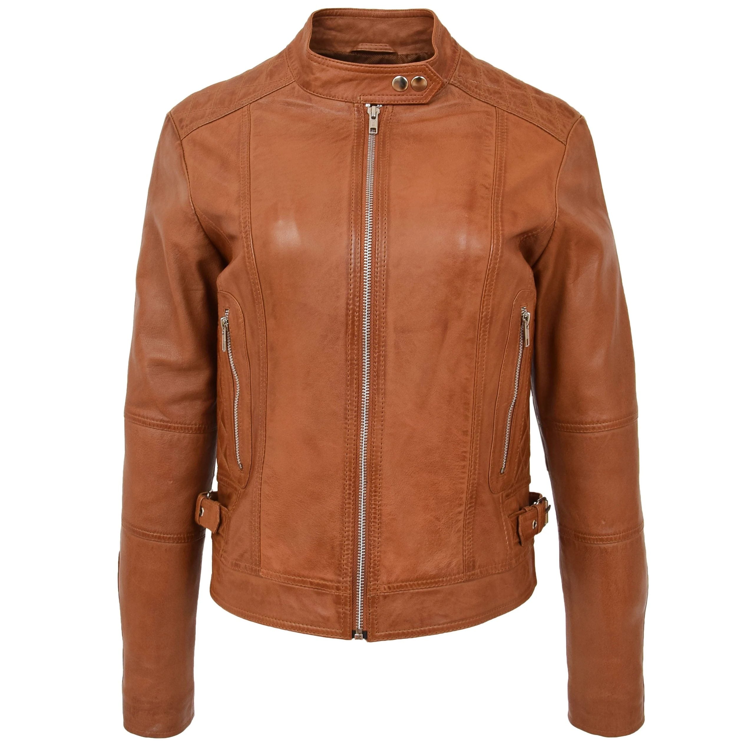 Womens Soft Leather Casual Zip Biker Jacket Ruby Dynamo Tan