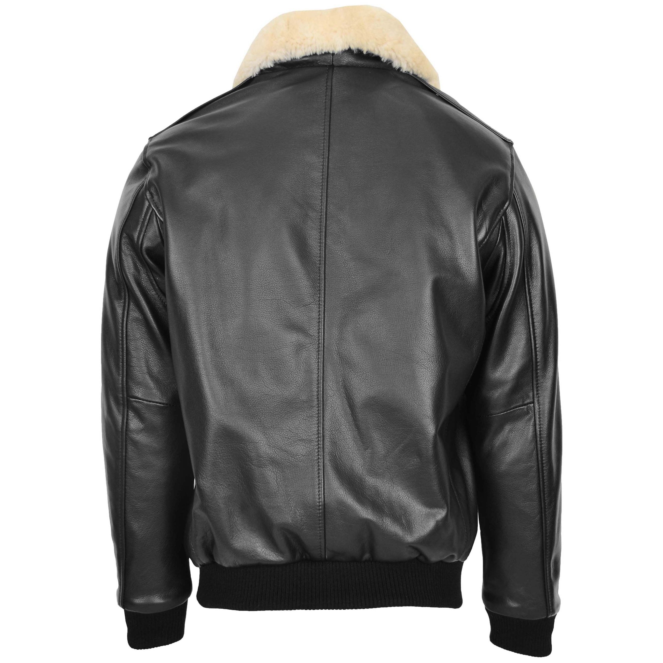 Mens Bomber Leather Jacket with Sheepskin Collar Viggo Nova Black