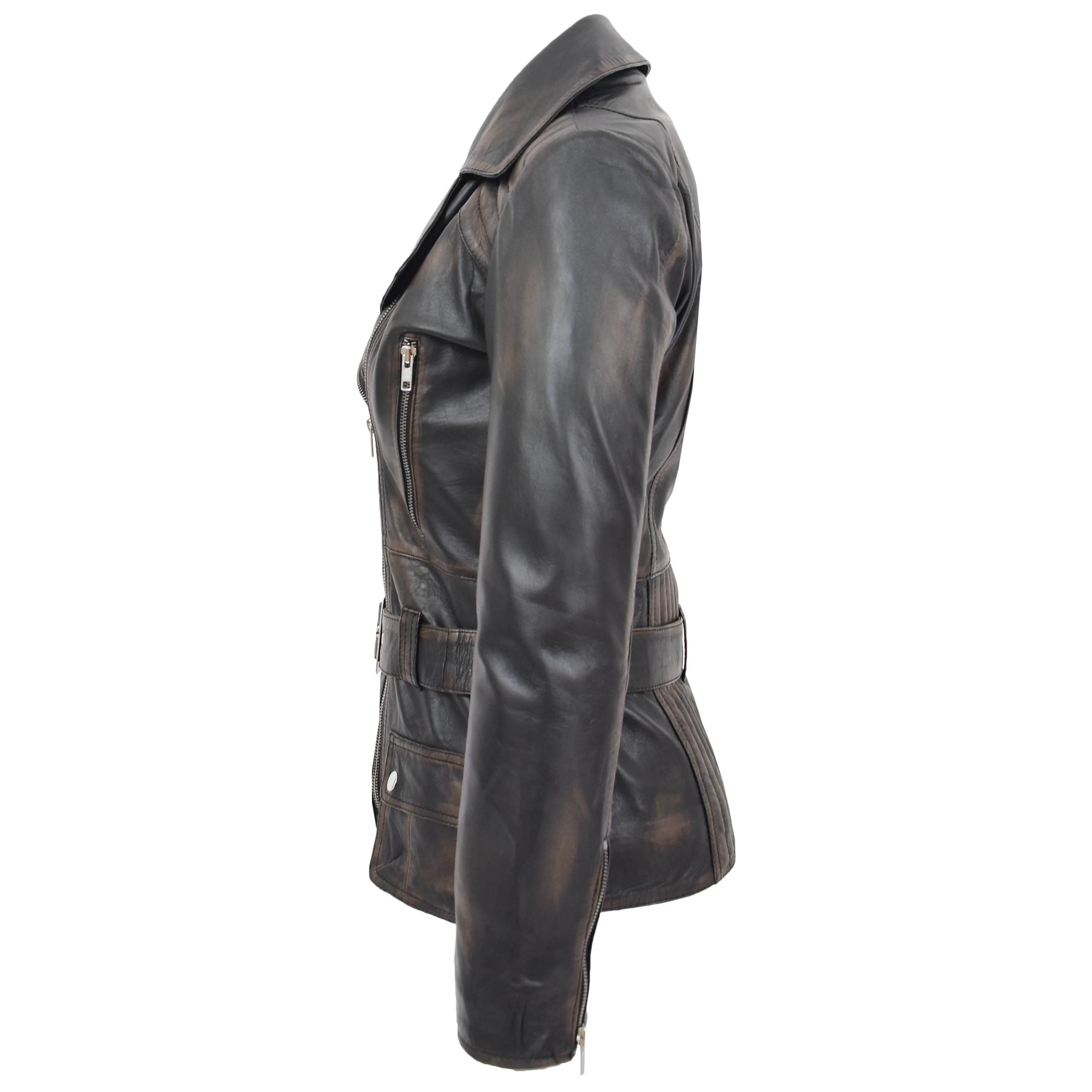 Womens Leather Hip Length Biker Jacket Celia Paradox Rub Off