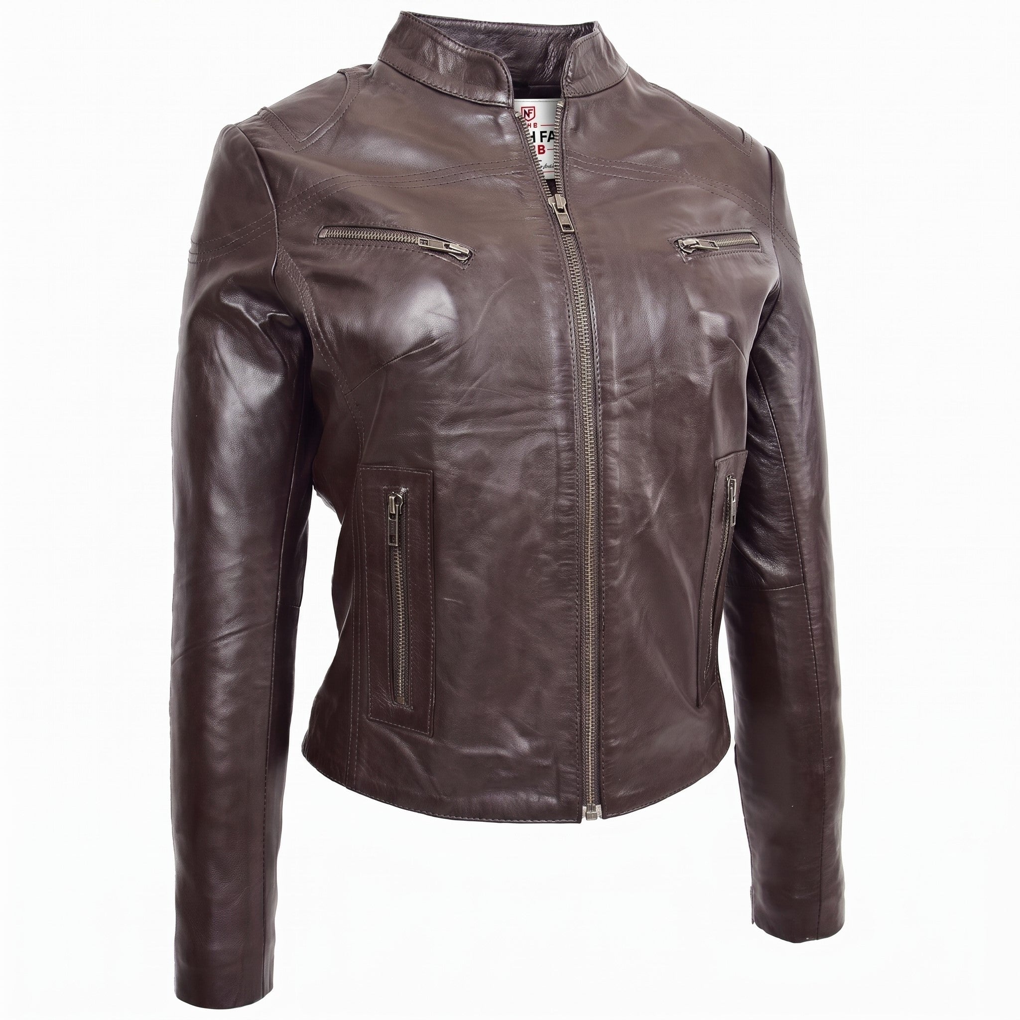 Womens Leather Standing Collar Jacket Becky Zenith Brown
