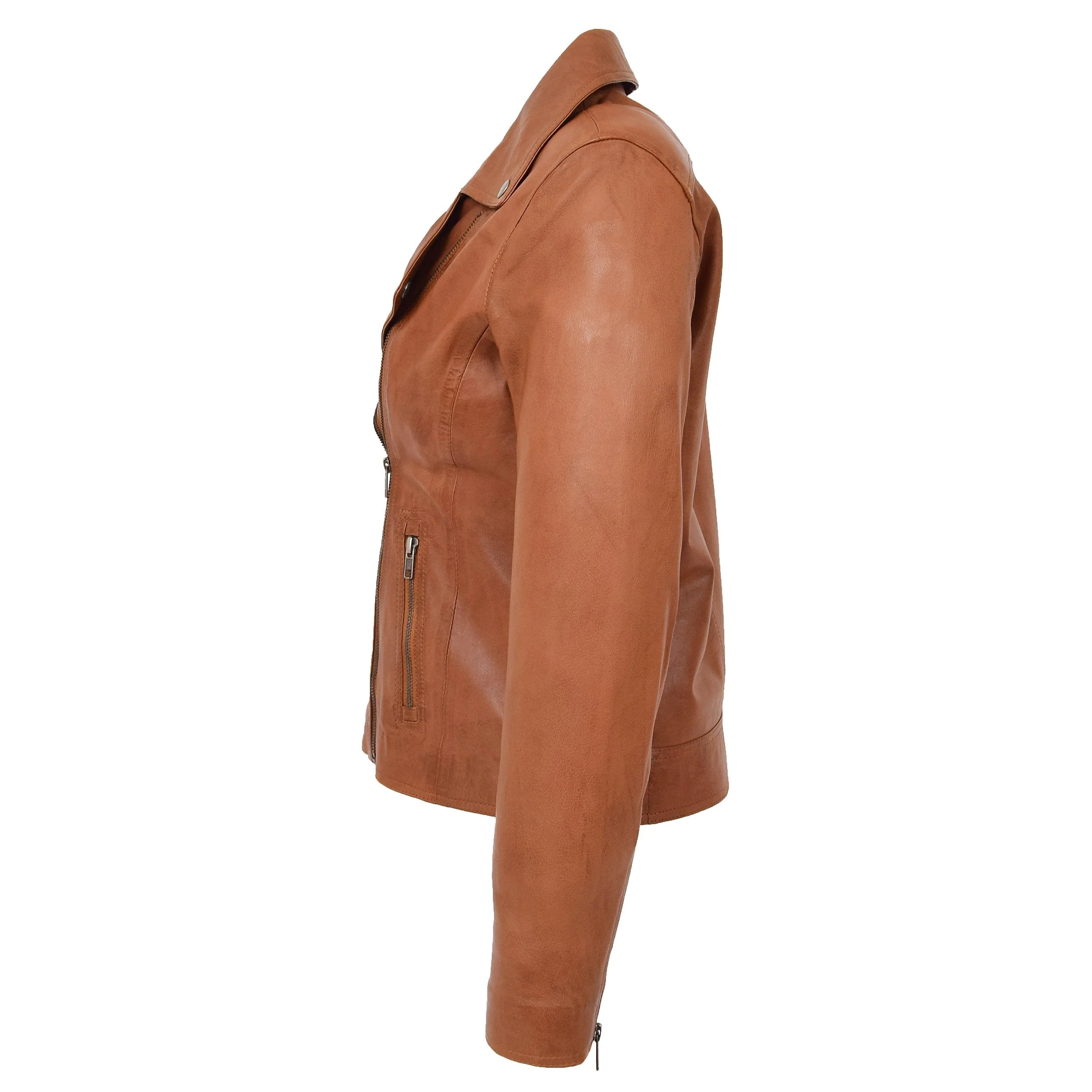Womens Soft Leather Cross Zip Biker Jacket Lola Dynamo Tan