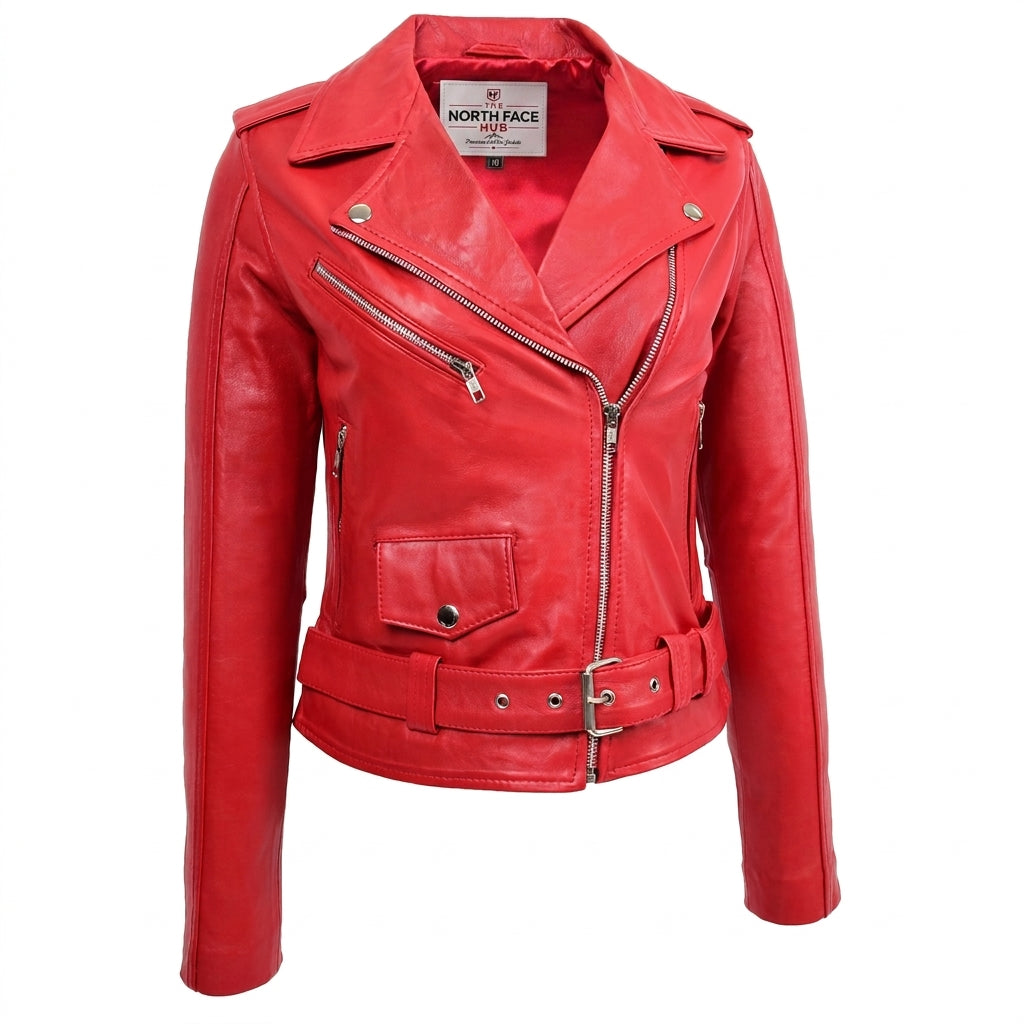 Womens Real Leather Biker Brando Style Jacket Mia Ignite Red
