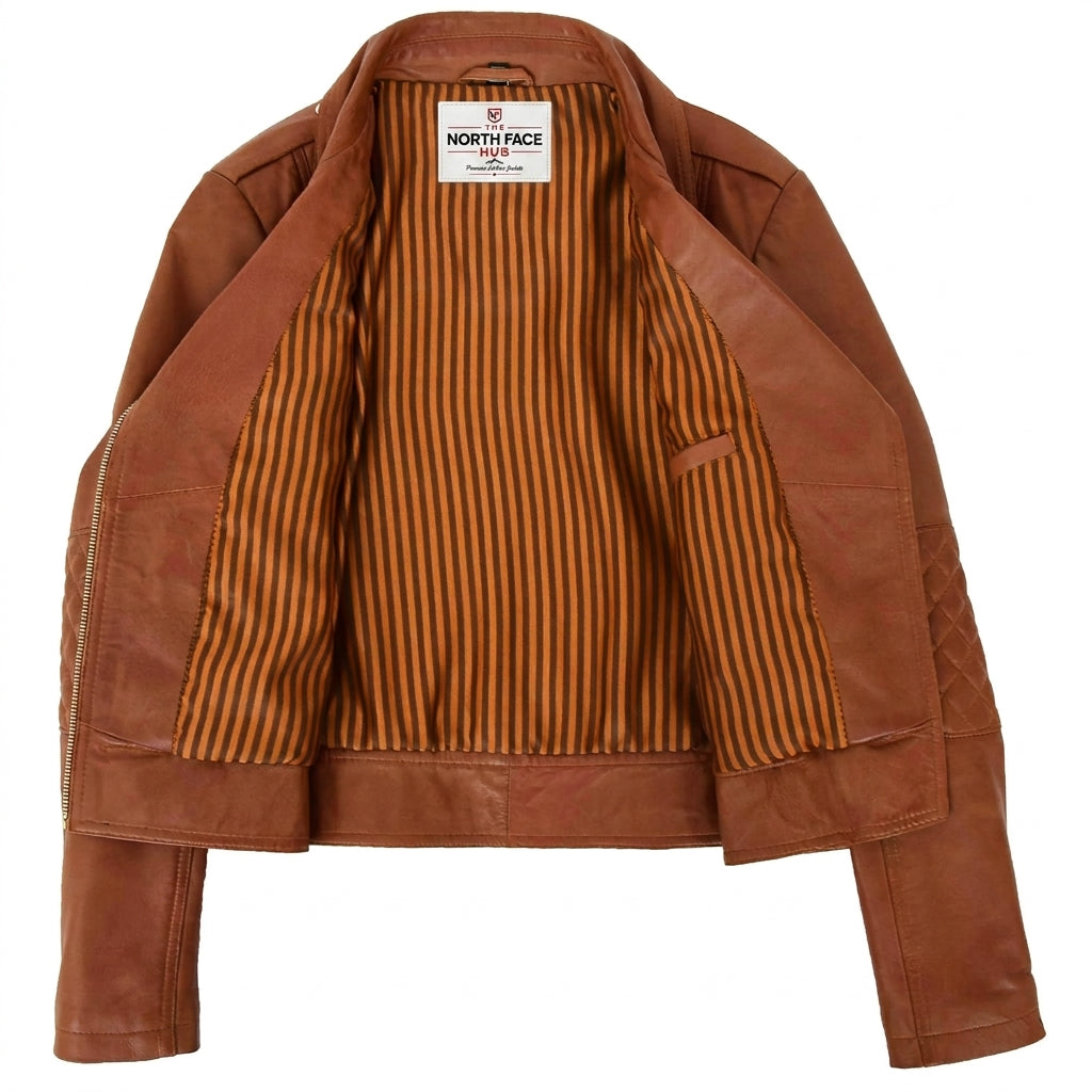 Womens Real Leather Biker Cross Zip Fashion Jacket Remi Dynamo Tan