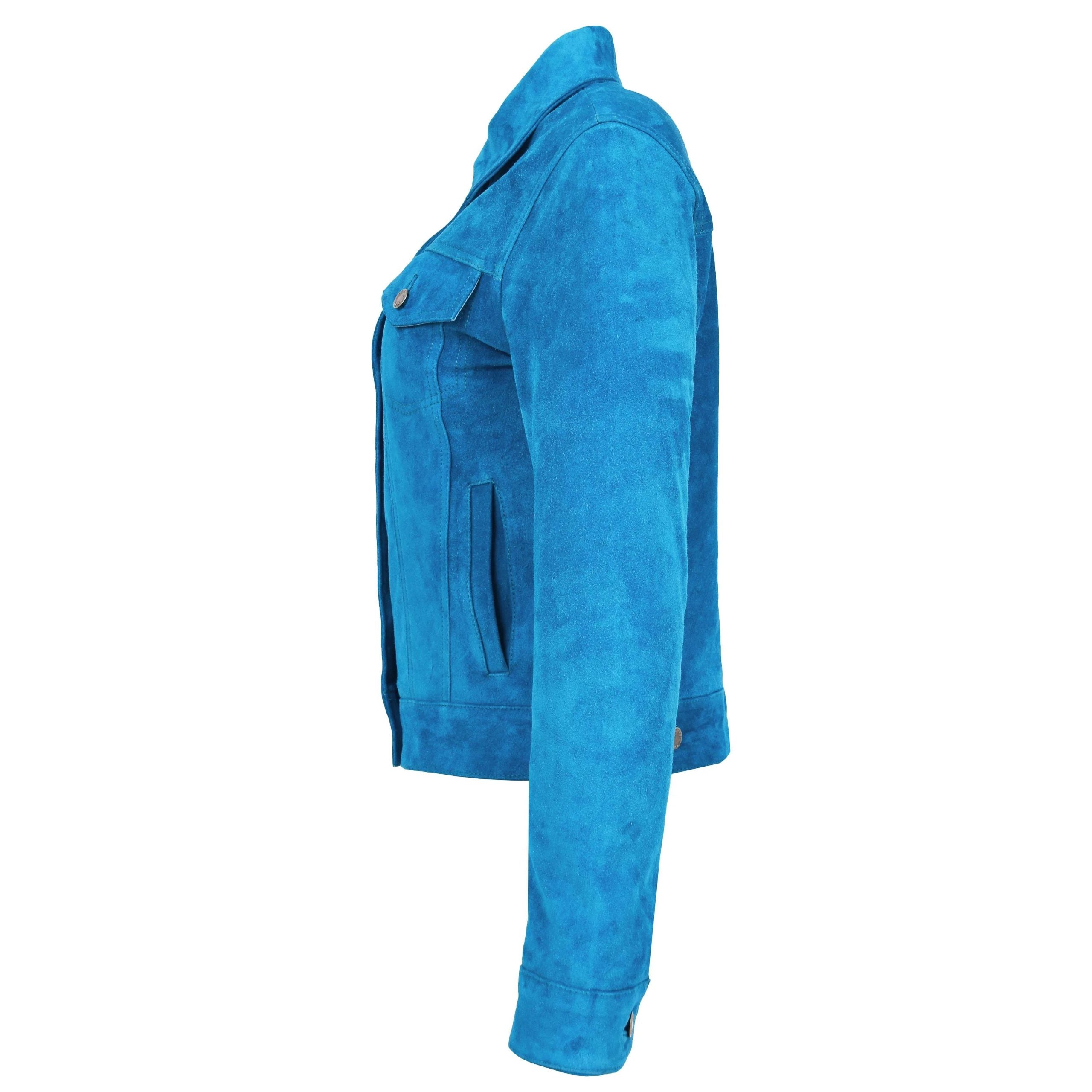 Womens Soft Suede Trucker Style Jacket Alma Teal Radiant Blue