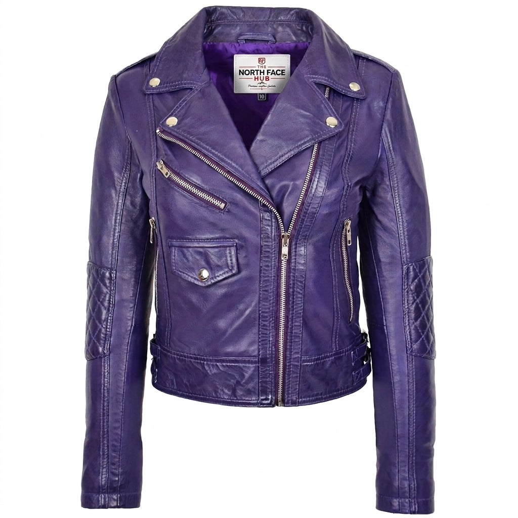 Womens Real Leather Biker Cross Zip Fashion Jacket Remi Whisper Purple