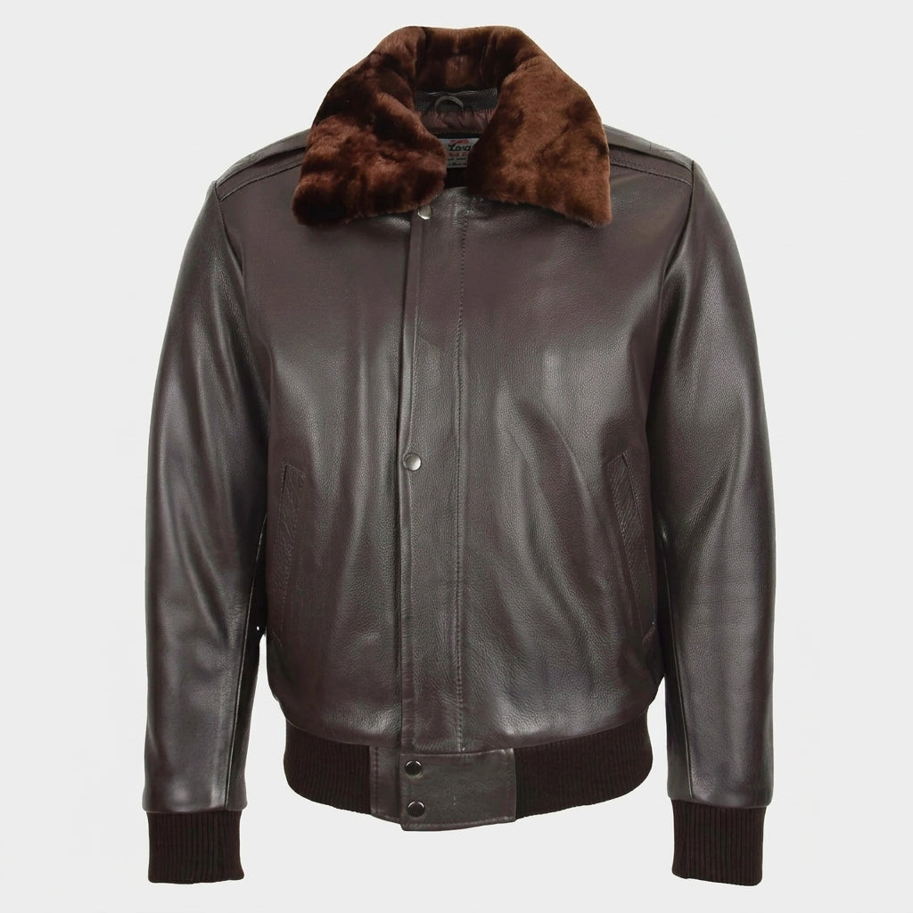 Mens Leather Bomber Pilot Jacket Removable Collar Leroy Zenith Brown