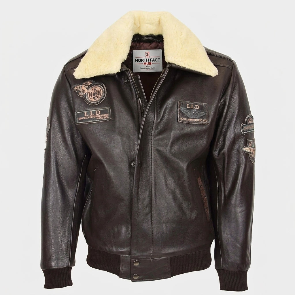 Mens Leather Jacket with Detachable Collar Pilot-N Zenith Brown
