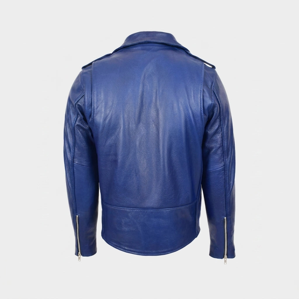 Mens Heavy Duty Leather Biker Brando Jacket Radiant Blue
