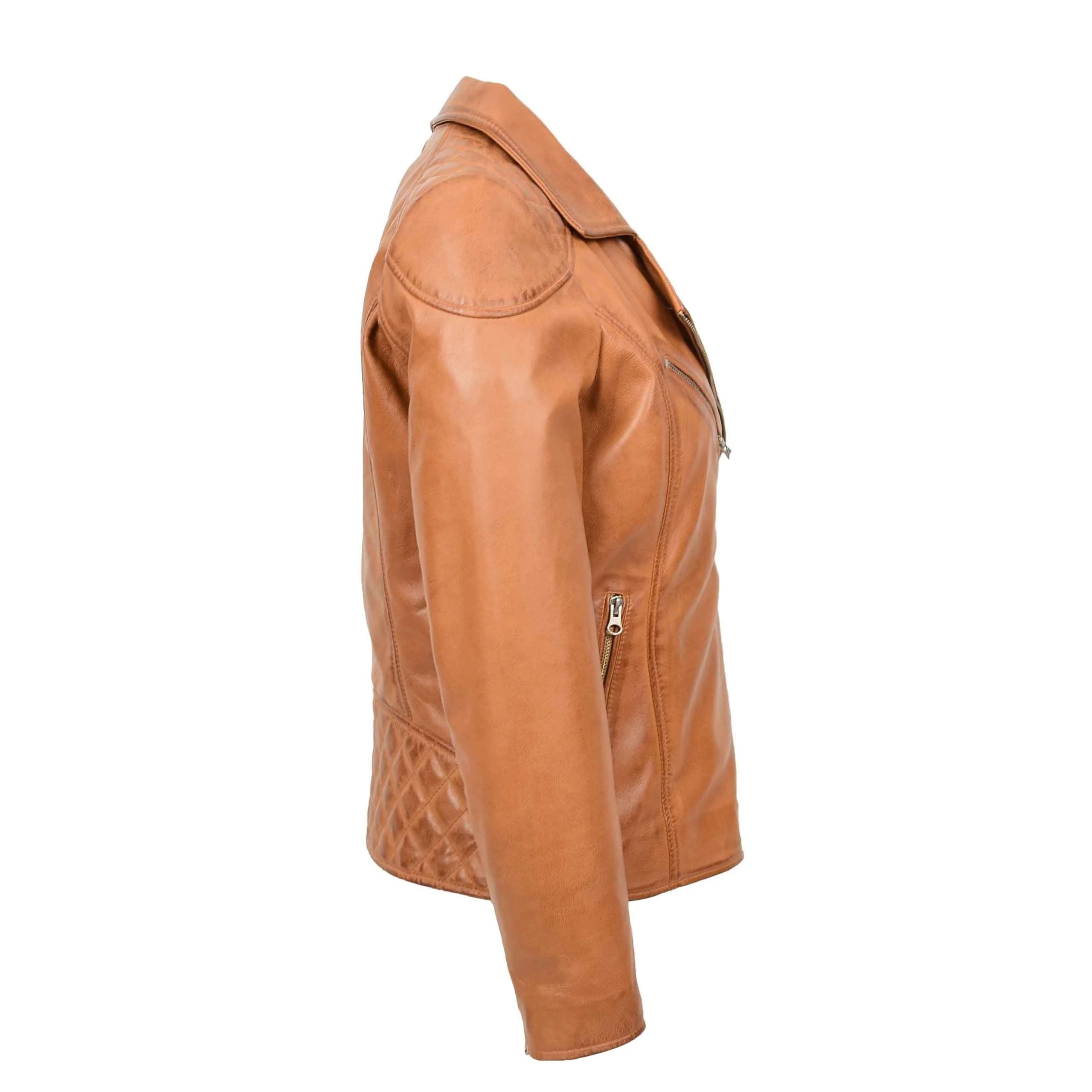 Womens Real Leather Biker Jacket Cross Zip Pockets Cherry Dynamo Tan