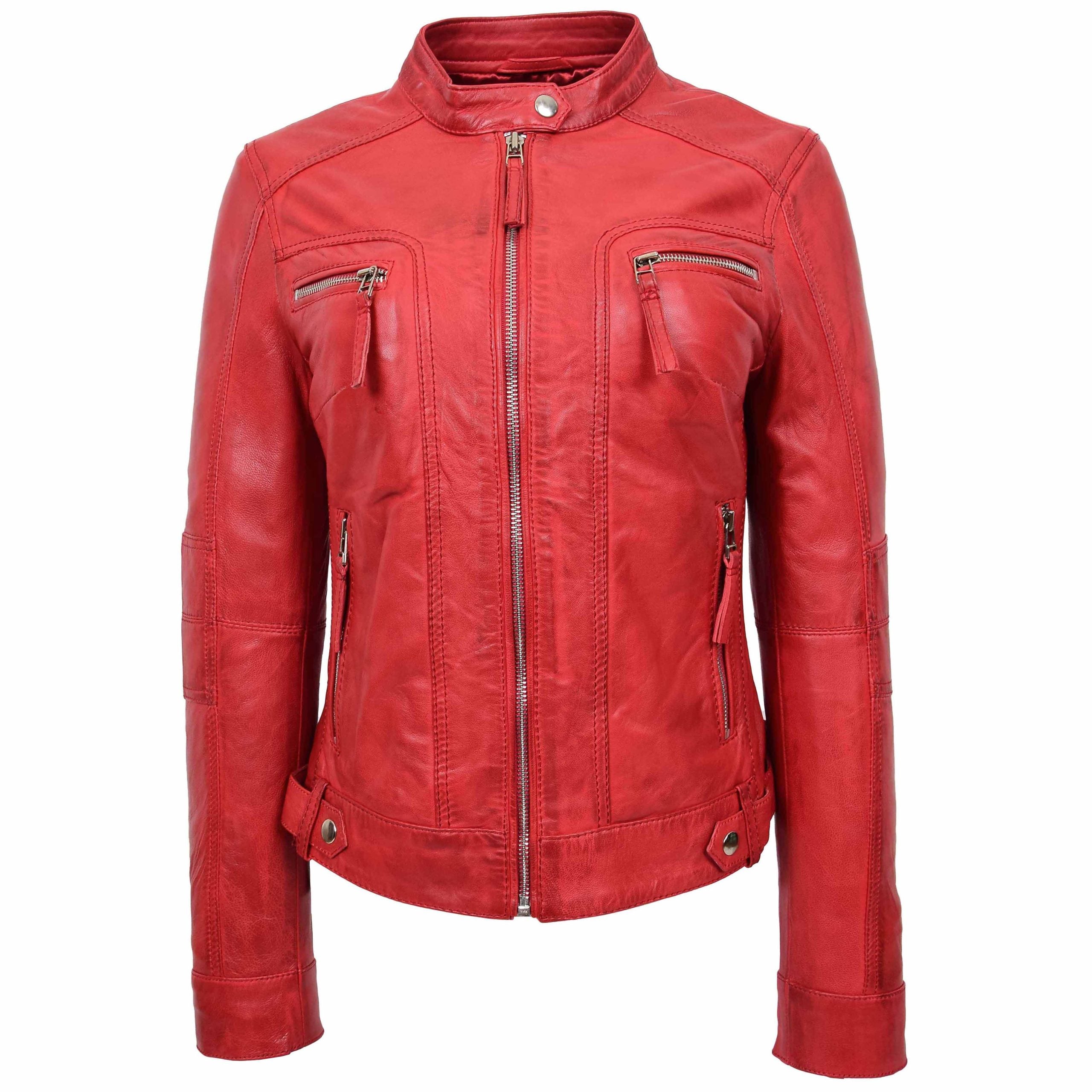 Womens Real Leather Biker Jacket Casual Style Annie Ignite Red