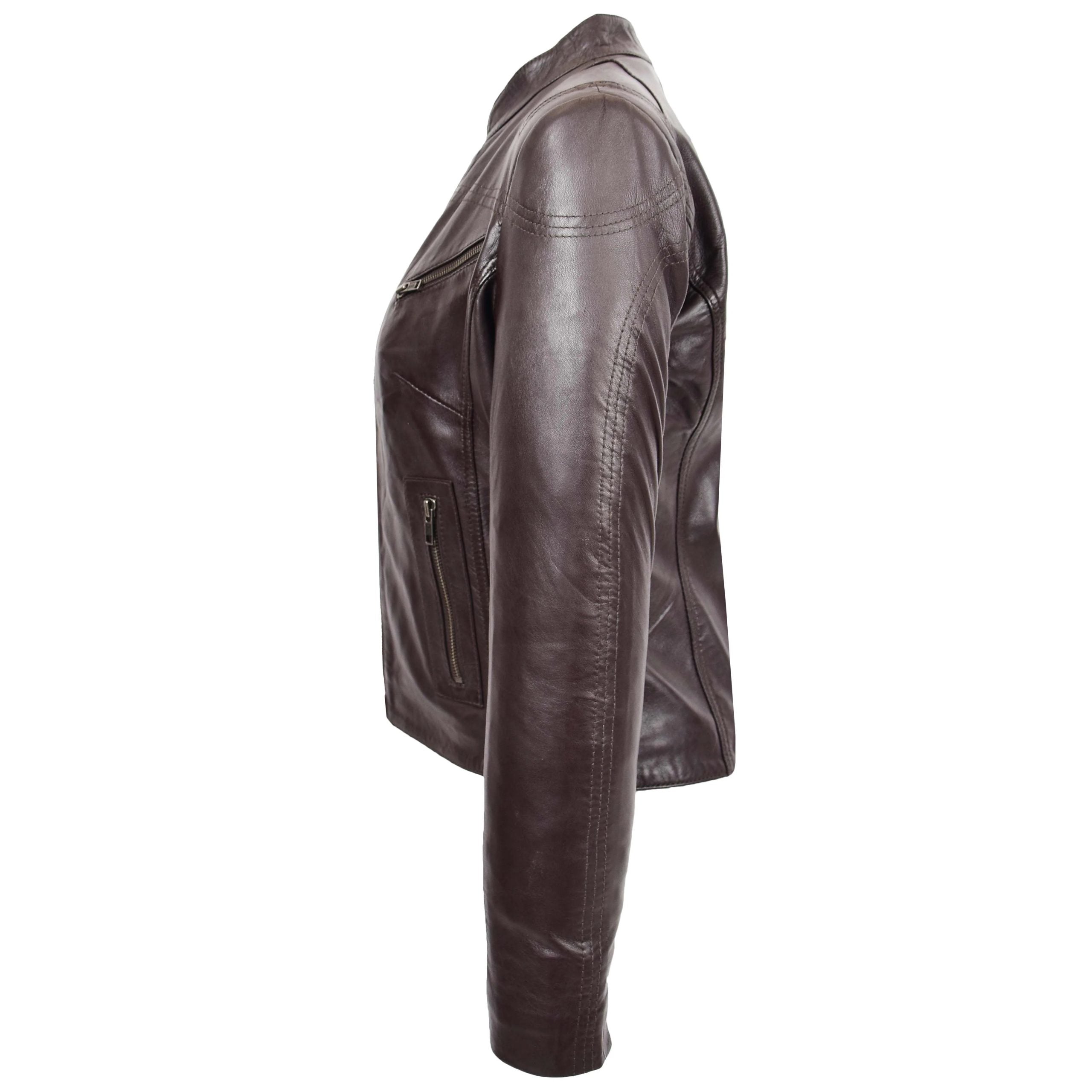 Womens Leather Standing Collar Jacket Becky Zenith Brown