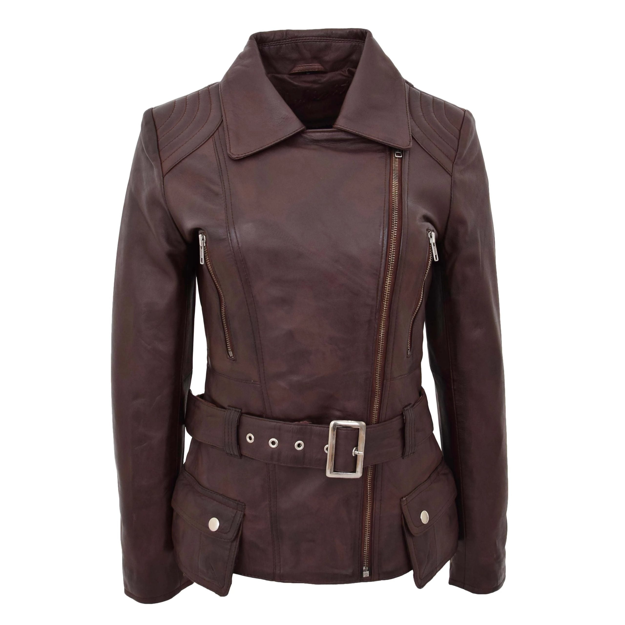 Womens Leather Hip Length Biker Jacket Celia Zenith Brown