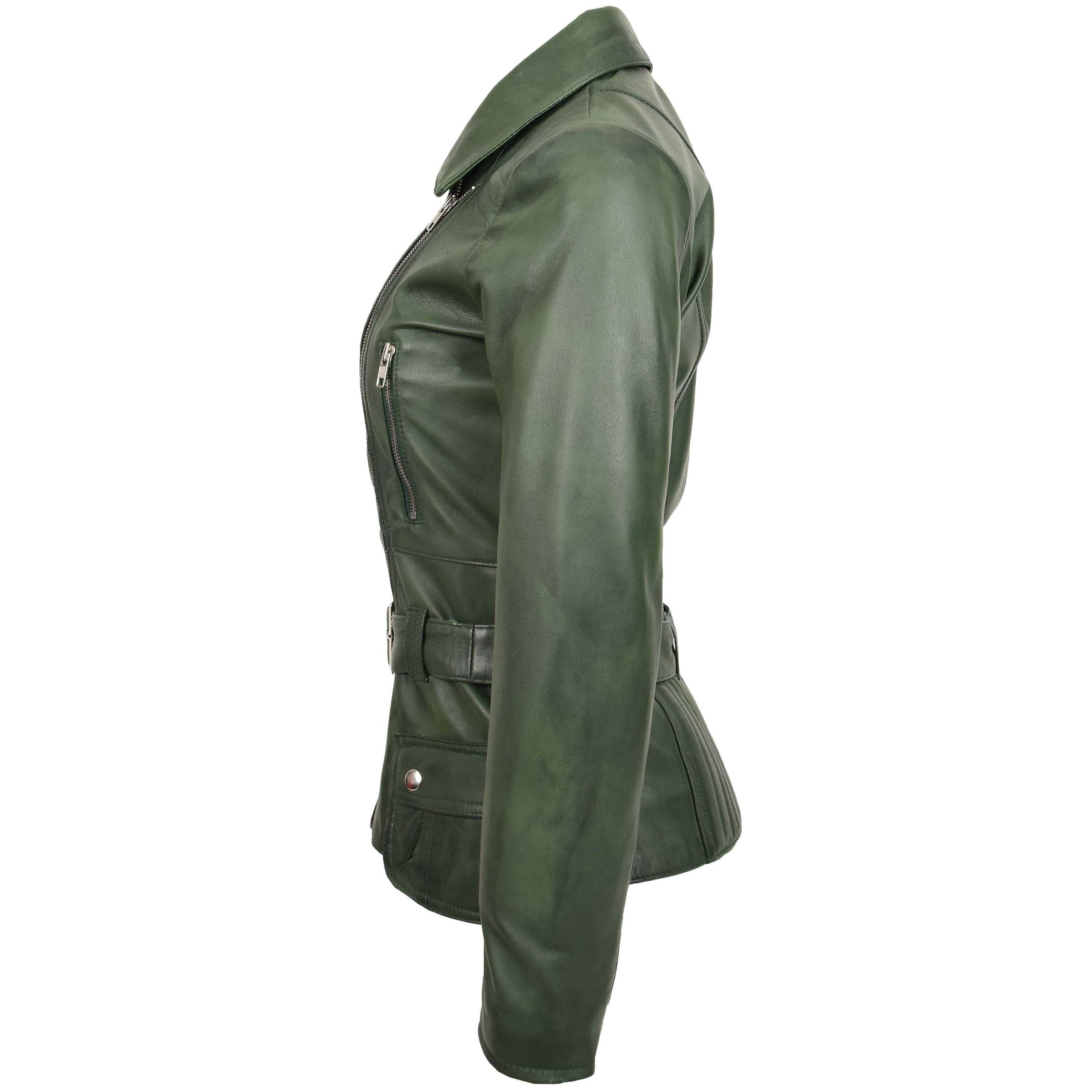 Womens Leather Hip Length Biker Jacket Celia Aurora Green