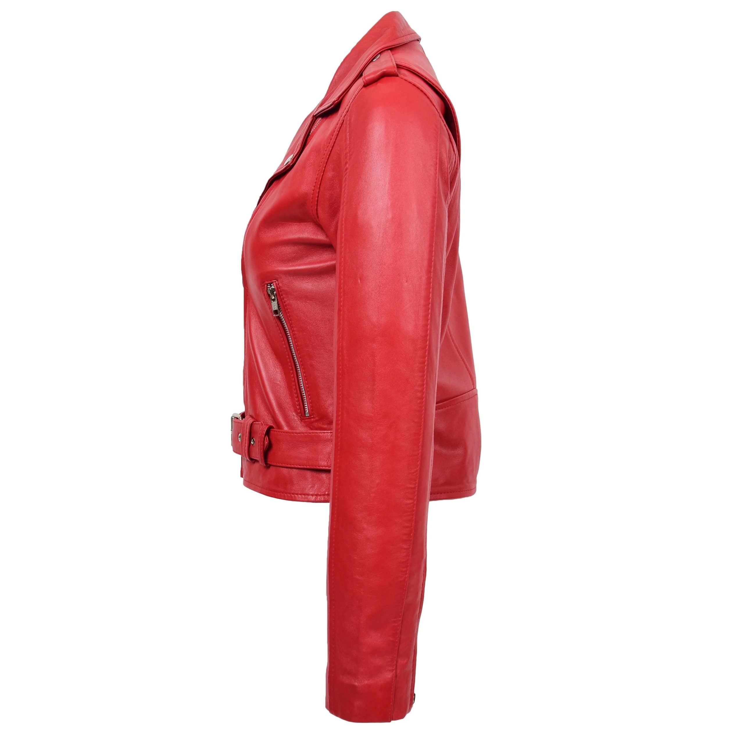 Womens Real Leather Biker Brando Style Jacket Mia Ignite Red