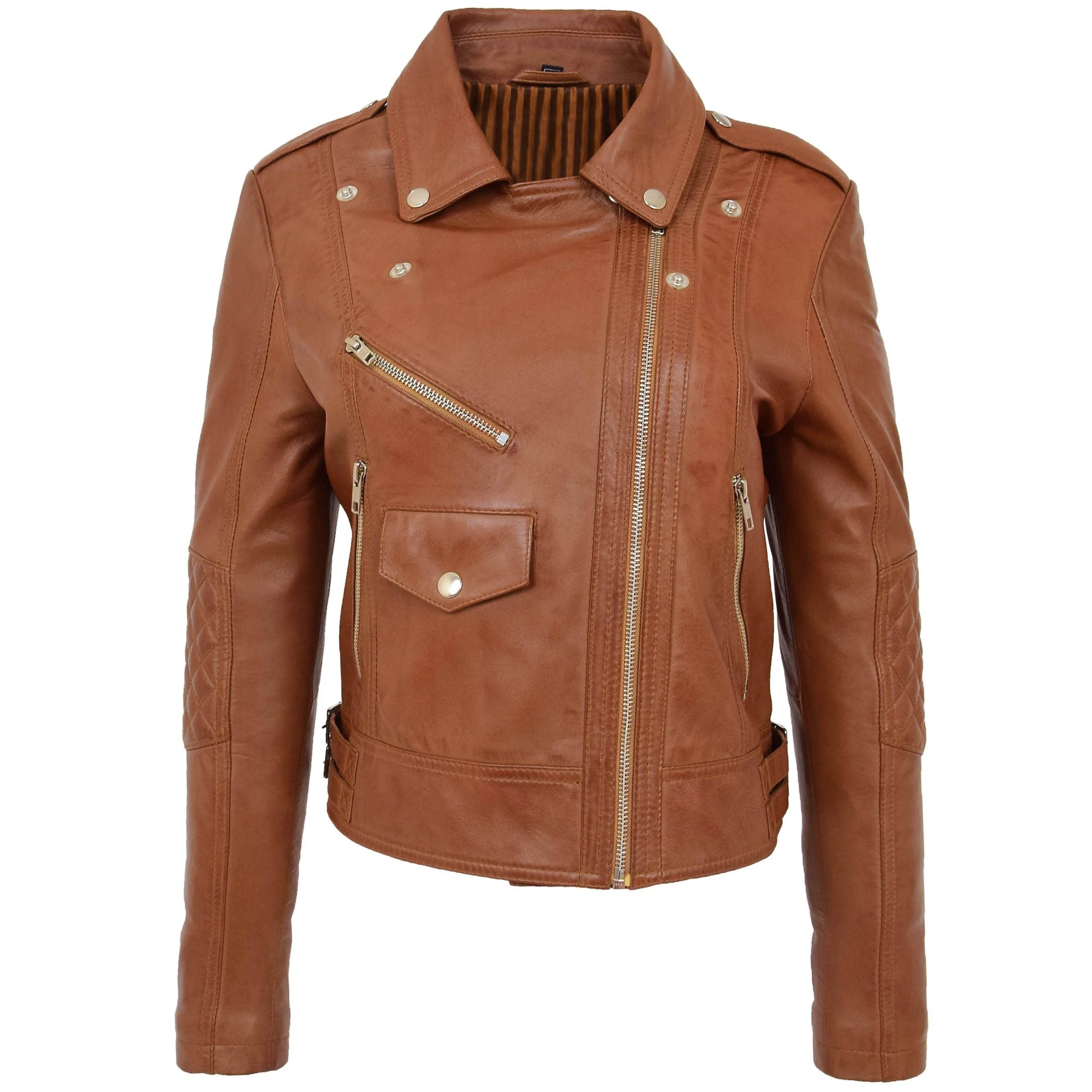 Womens Real Leather Biker Cross Zip Fashion Jacket Remi Dynamo Tan
