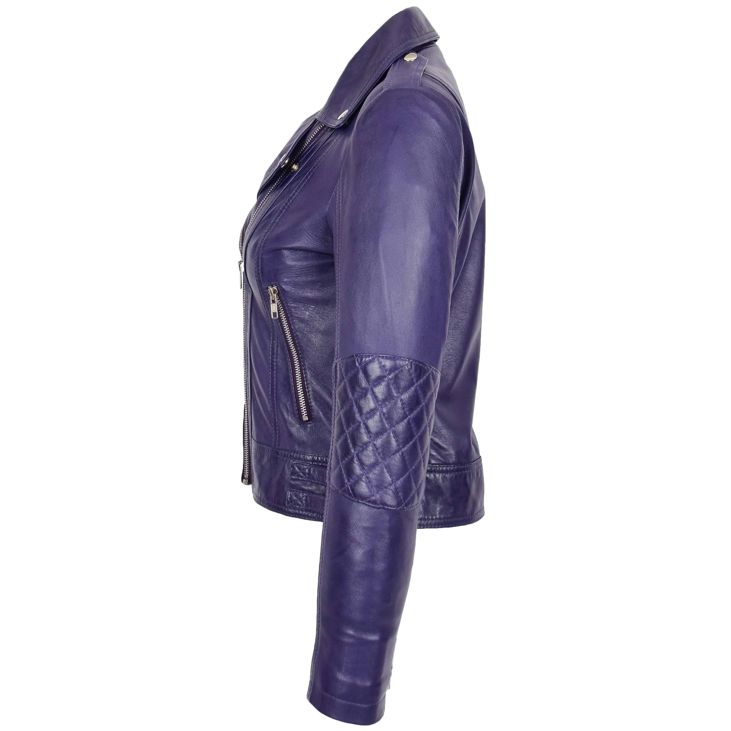 Womens Real Leather Biker Cross Zip Fashion Jacket Remi Whisper Purple