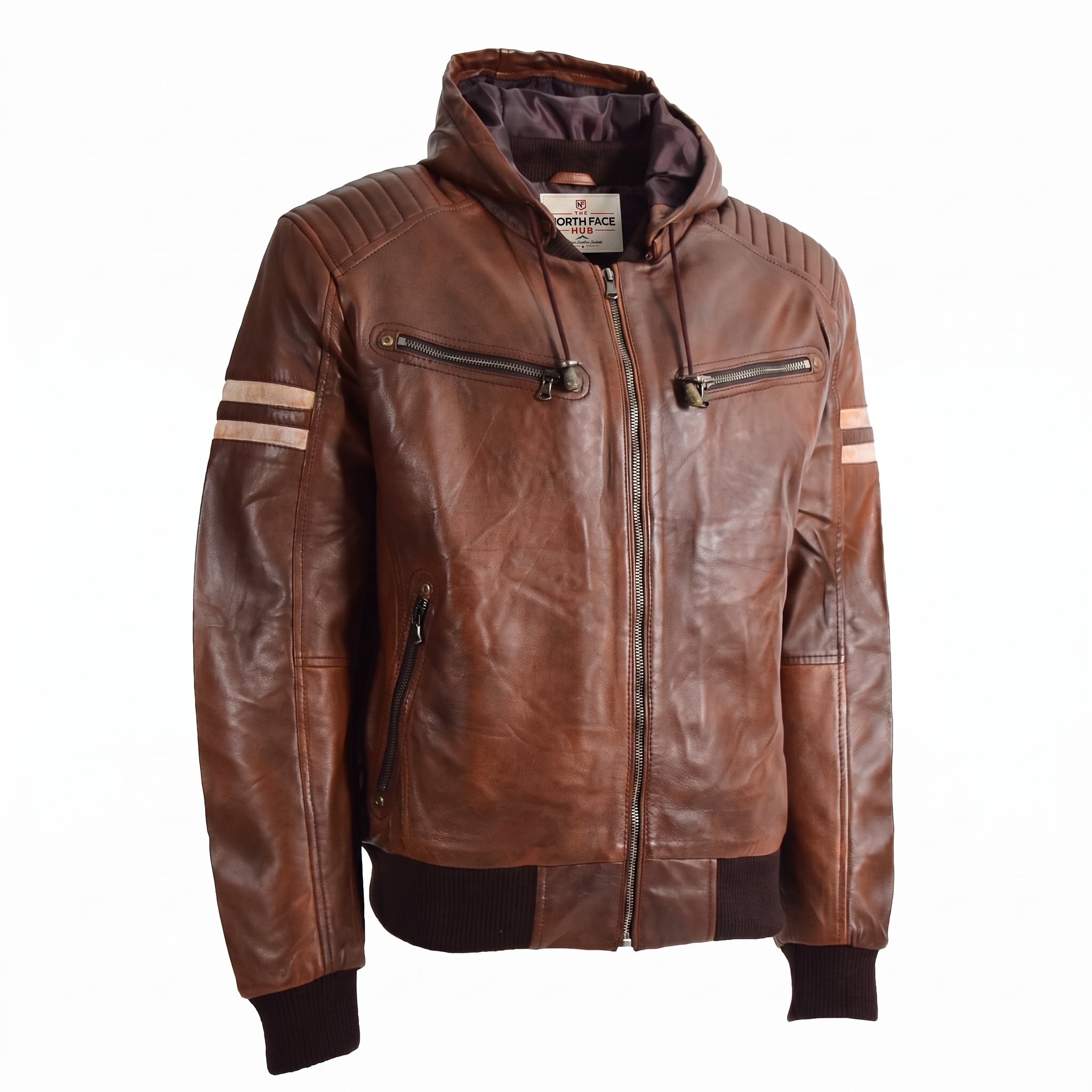 Mens Real Leather Bomber Zip up Detachable Hoodie Jacket Dallas Clestial Cognac
