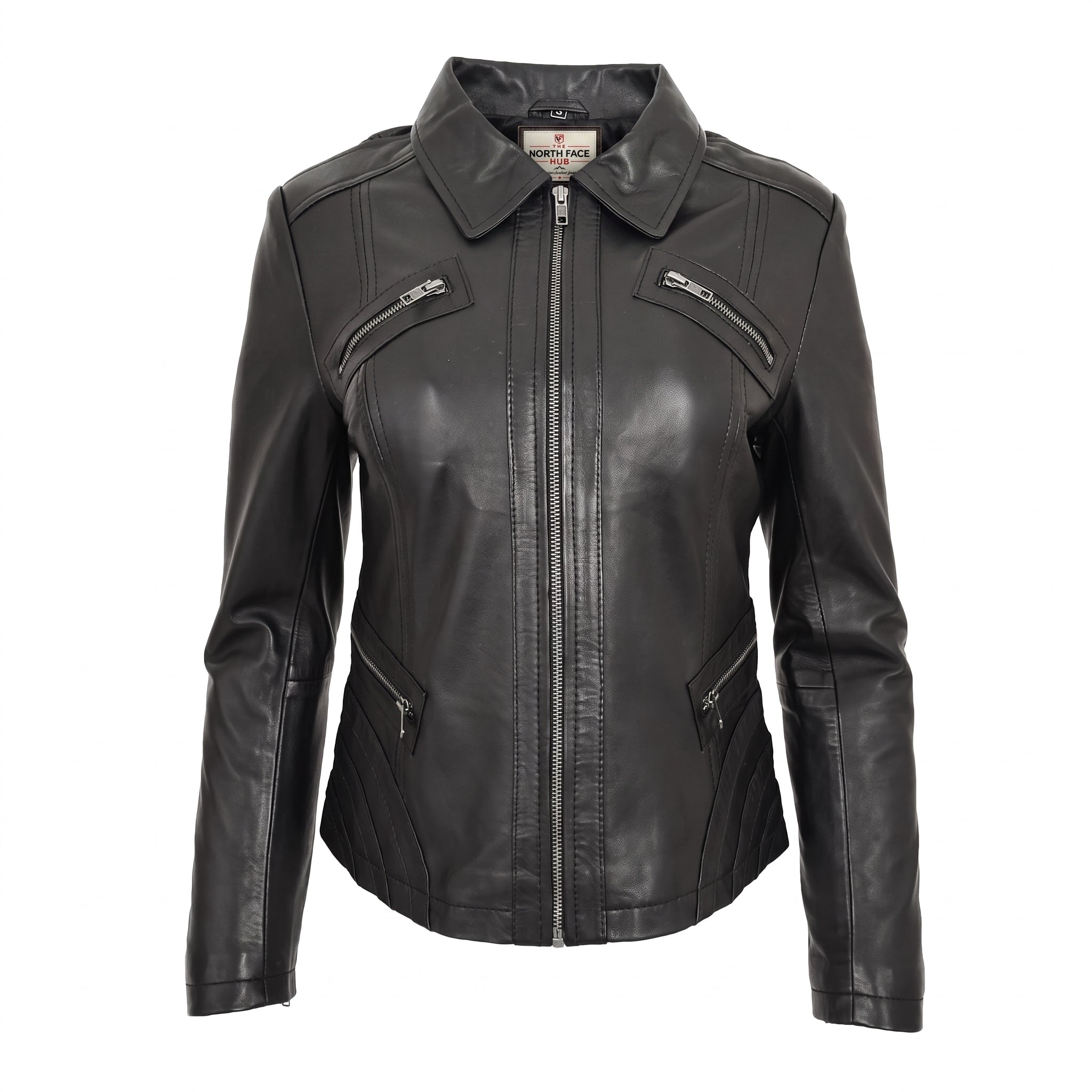 Womens Classic Leather Biker Zip Box Jacket Nova Black
