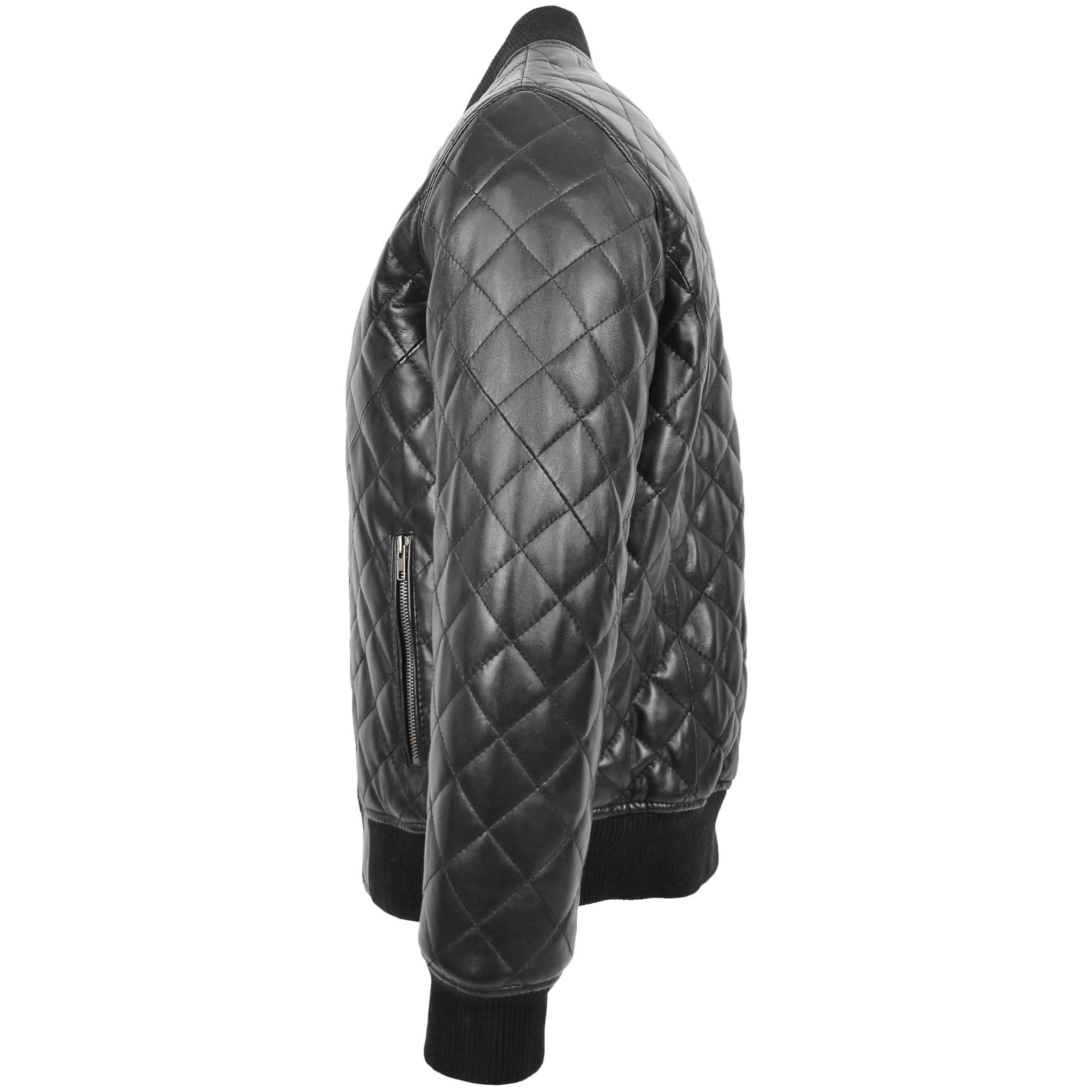 Mens Leather Quilted Bomber Jacket Warren Nova Black