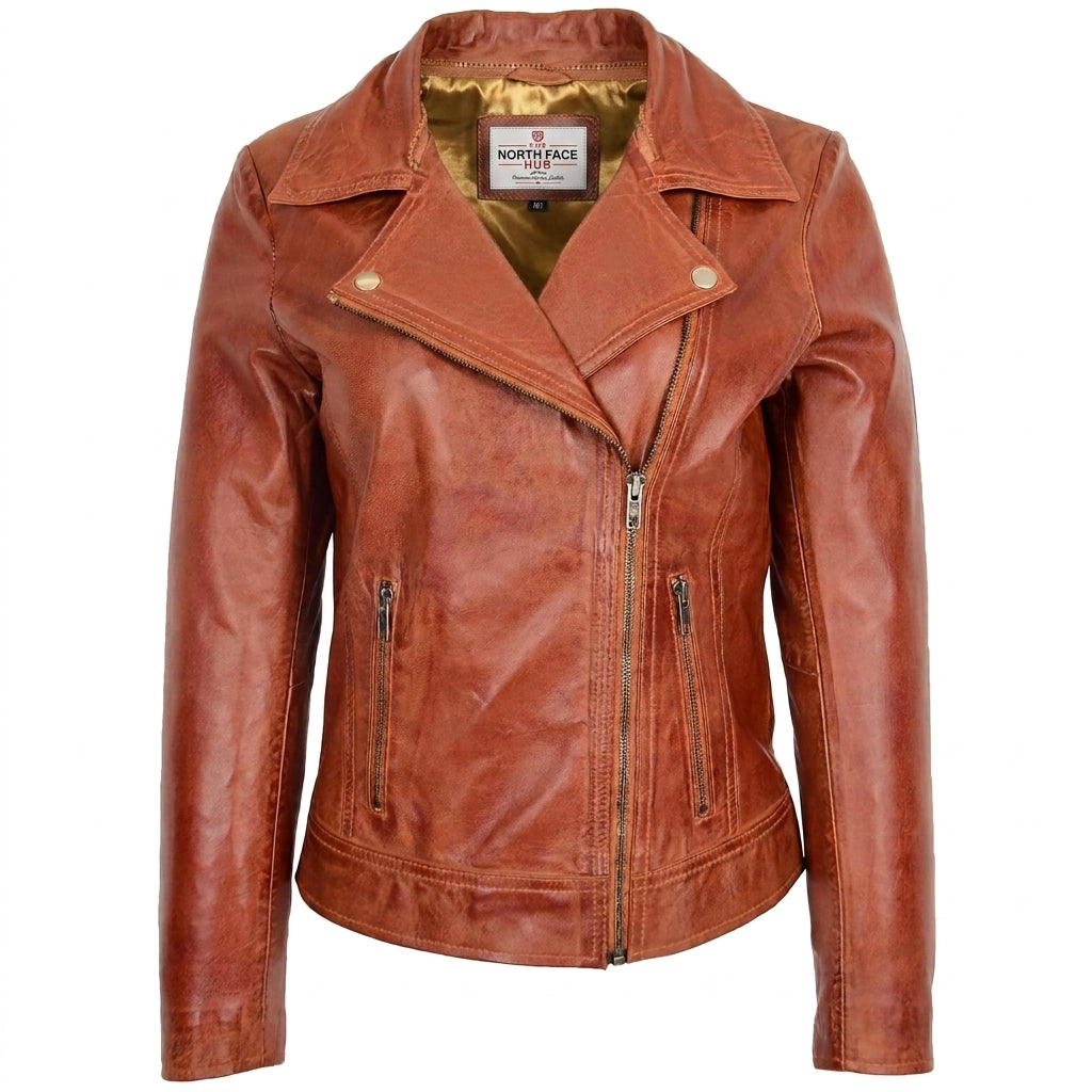 Womens Leather Biker Jacket with Detachable Collar Charmed Chestnut