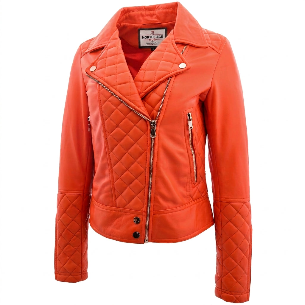 Womens Leather Biker Jacket with Quilt Detail Blissful Orange