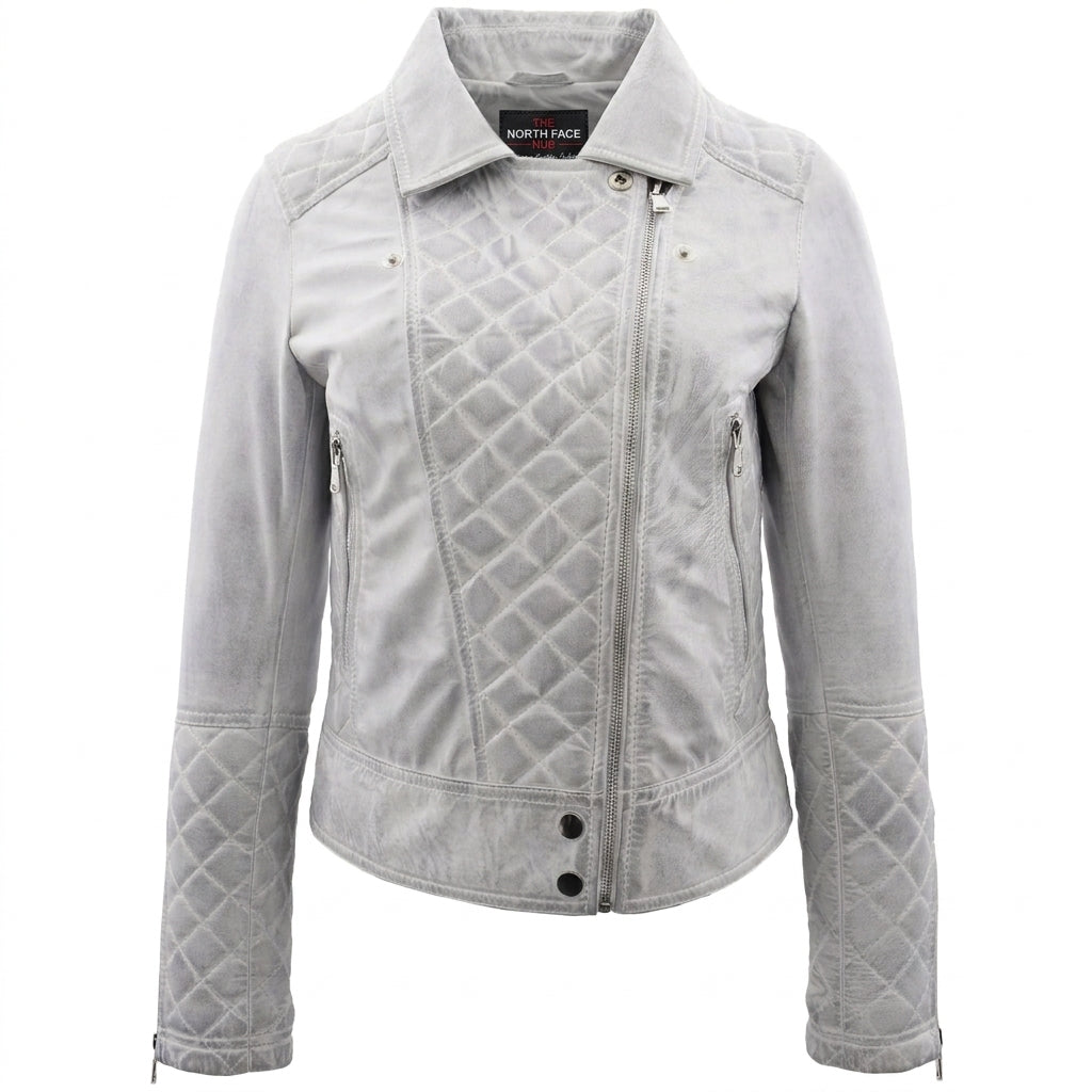Womens Leather Biker Jacket with Quilt Detail Vintage Astral White