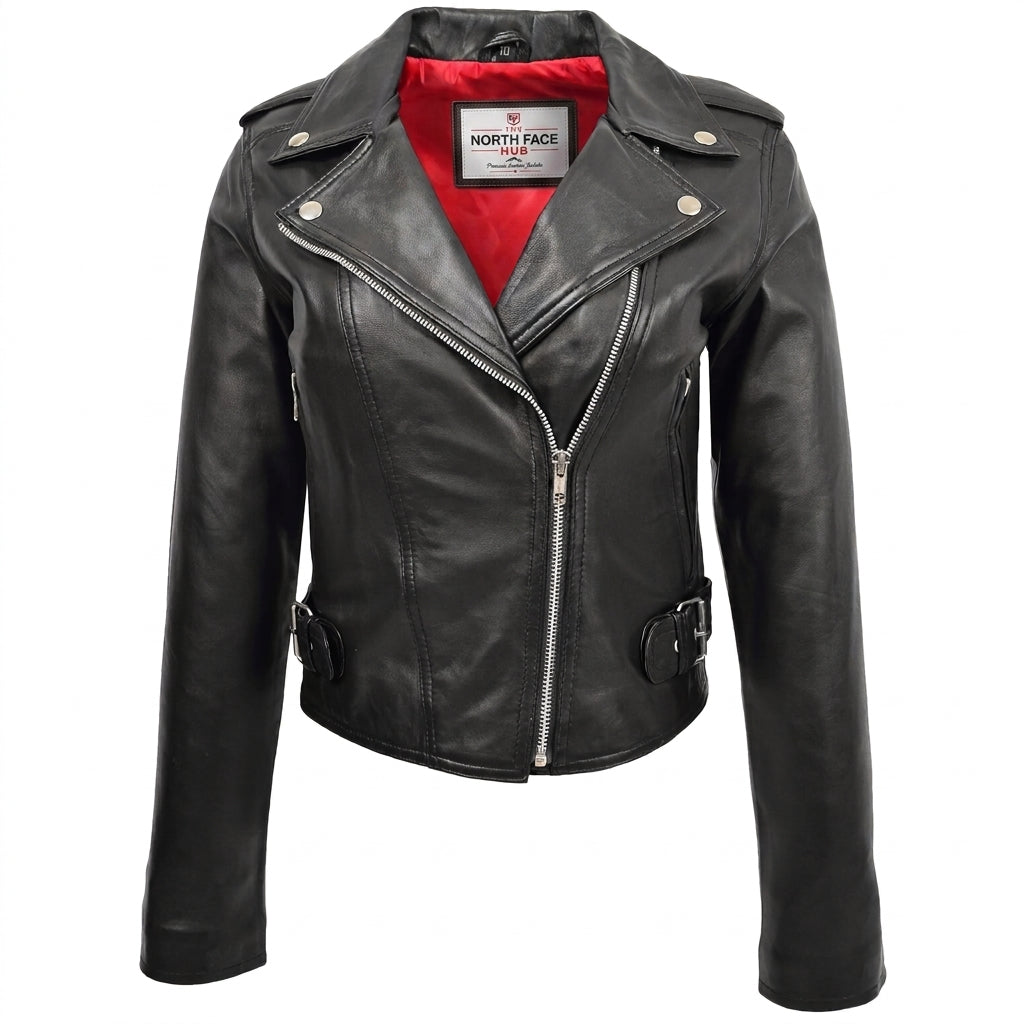 Womens Leather Biker Style Emma Cross Zip Jacket Nova Black