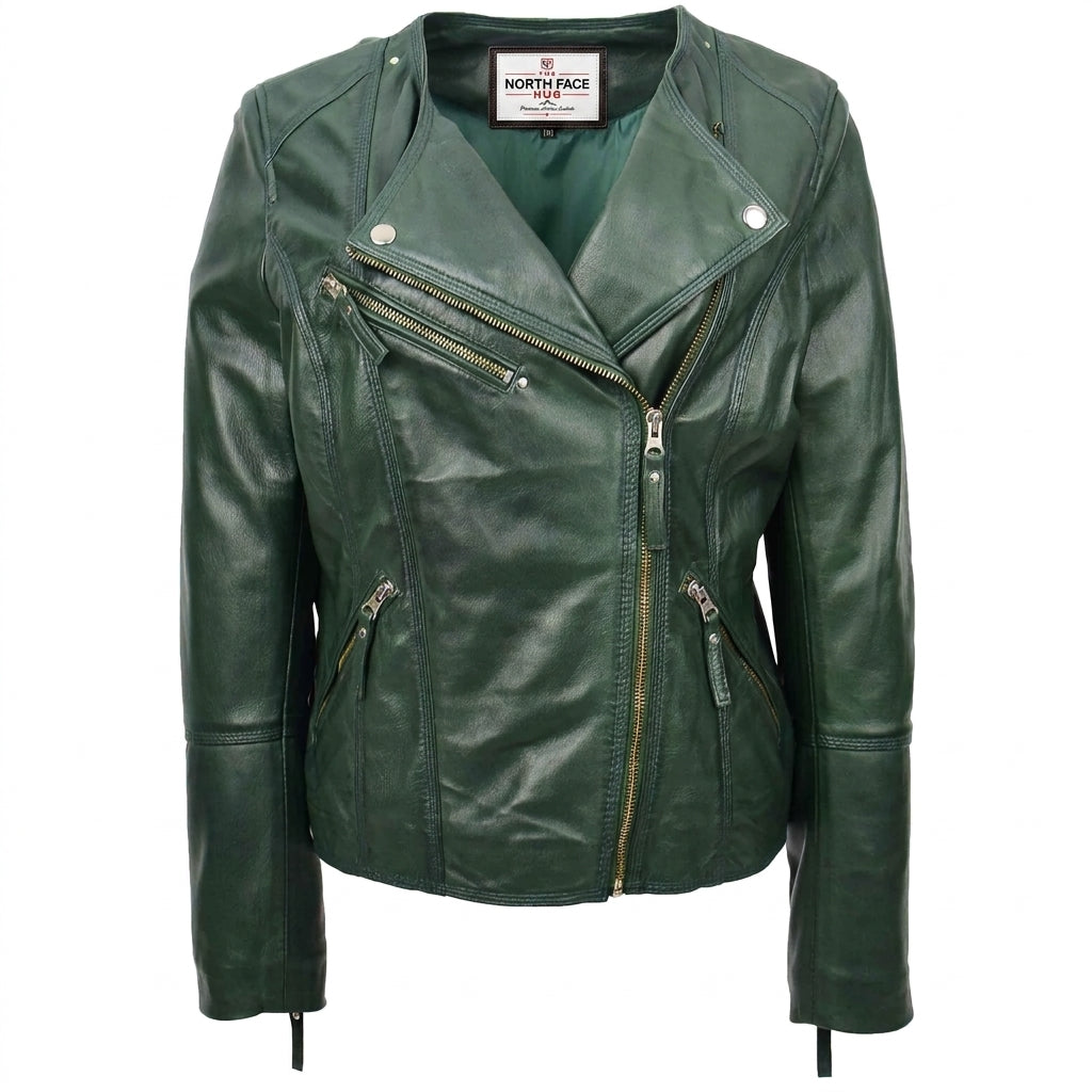 Womens Leather Casual Biker Jacket Shelly Cross Zip Aurora Green
