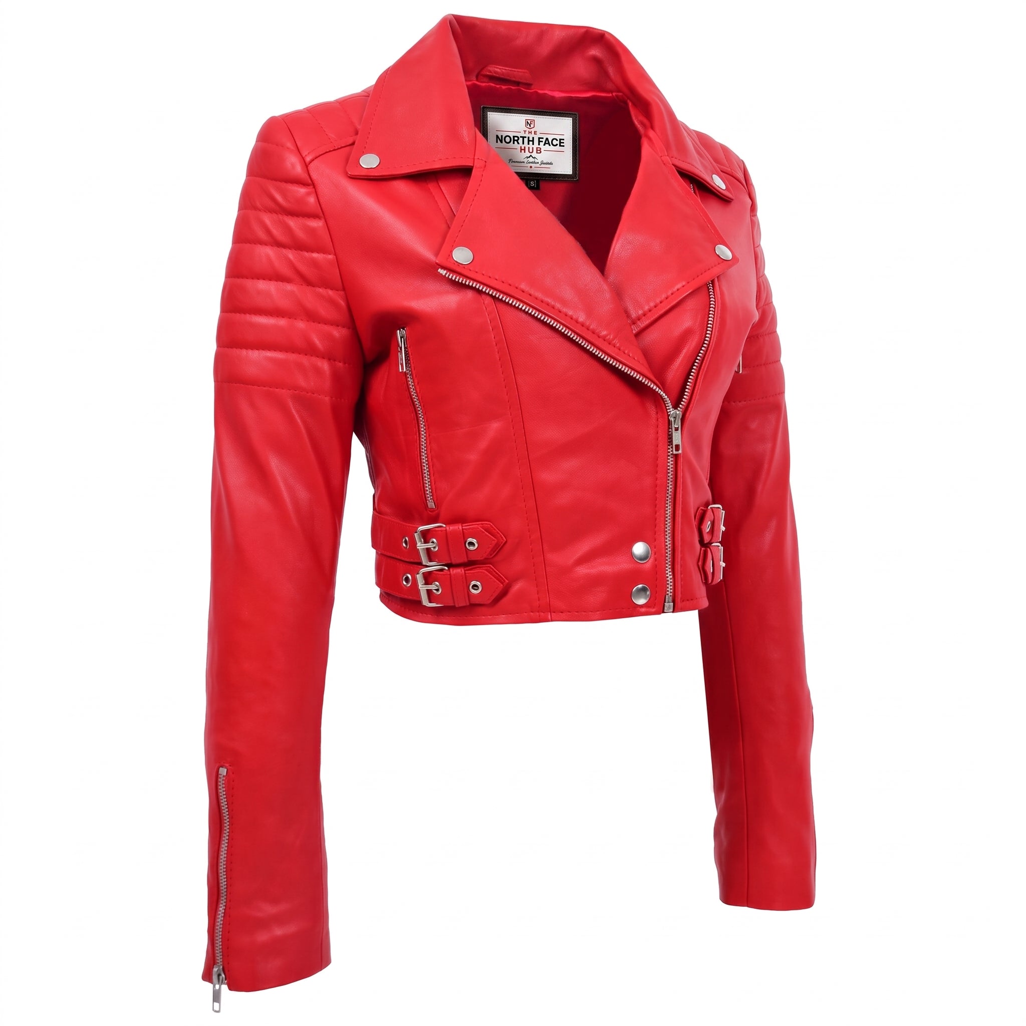 Womens Leather Cropped Biker Style Jacket Demi Ignite Red